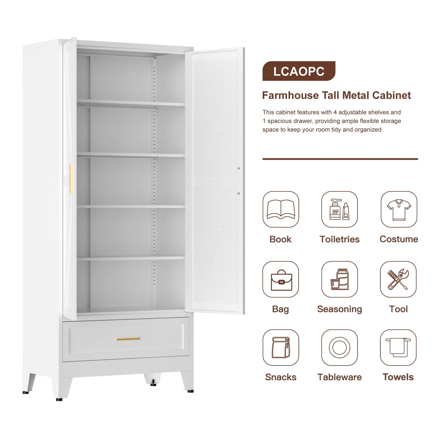 LCAOPC 71" Tall Metal Pantry Storage Cabinet with Drawer and Adjustable Shelves, Freestanding Kitchen Cupboard Storage Cabinet for Kitchen,Dining Room, Living Room, White