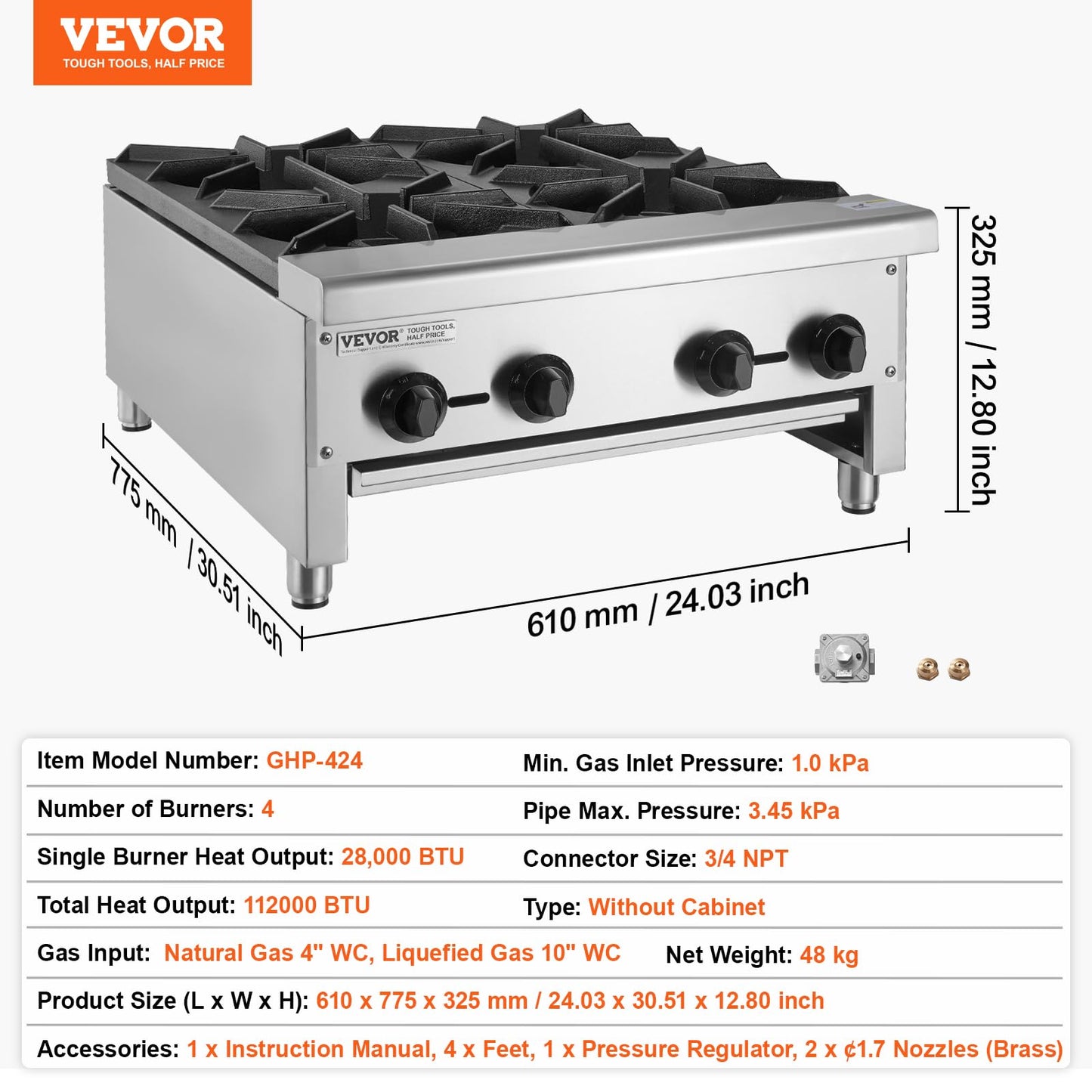 VEVOR Commercial Gas Stove with 4 Burners, Propane and Natural Gas Countertop Cooking Stove Range, Stainless Steel Gas Hot Plate, Commercial Cooking Equipment for Restaurant, 112,000 BTU