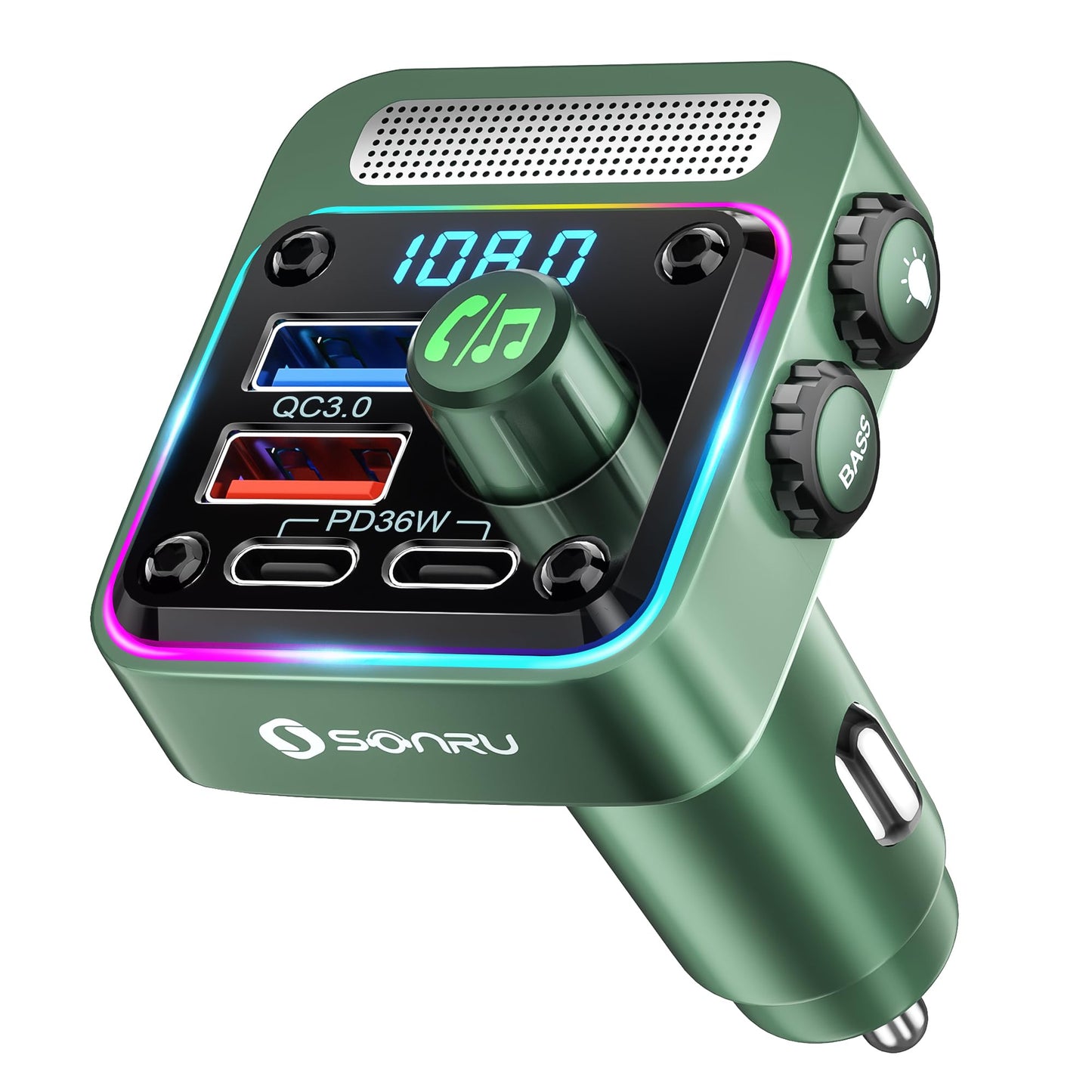 Bluetooth 5.3 FM Transmitter Car Adapter - SONRU Car Charger 54W [PD 36W & QC3.0 18W], Wireless FM Radio Transmitter [HiFi Treble & Bass Player], 5 Colors LED Backlit, Hands-Free Calling, U-Disk