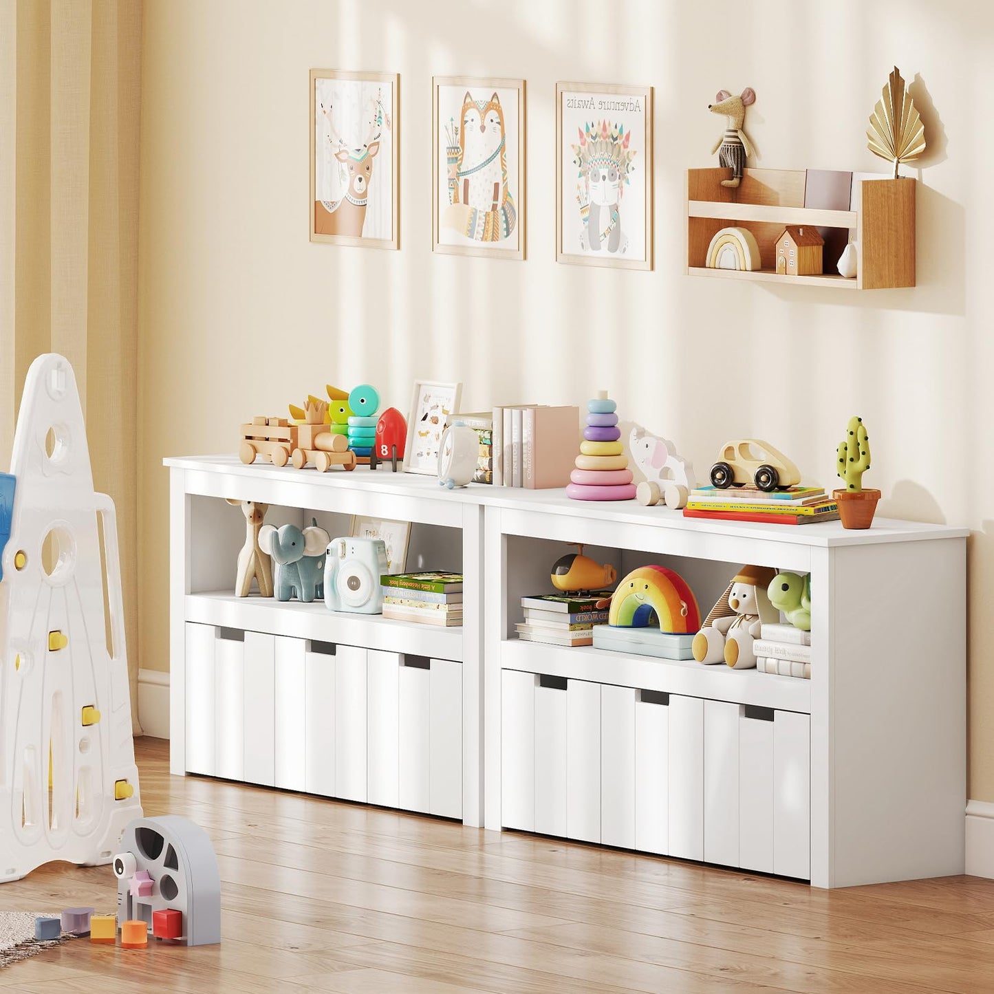 Costzon Toy Storage Organizer w/Drawers, Wooden Toy Shelf with 3 Removable Drawers, Rolling Wheels & Large Open Shelf, Toy Cupborad for Kids Room, Playroom, Kindergarten, Nursery (White)