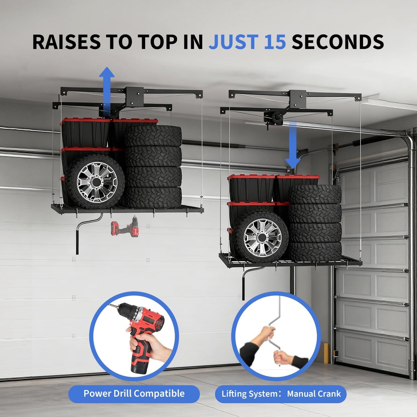 EliteEdge 【Dual-Cable Safety · Crank Lift System】 4x4ft Overhead Garage Storage Rack with 350lb Capacity - Heavy Duty Garage Ceiling Storage Racks for Space-Saving