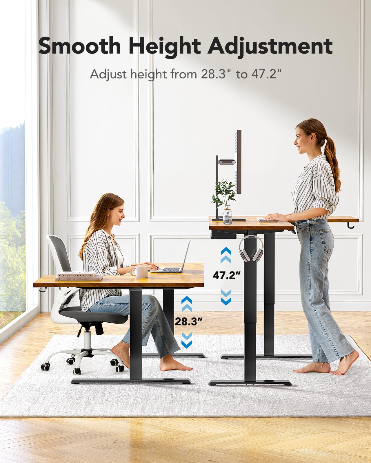 HUANUO 63x40 inch Dual Motor L Shaped Electric Standing Desk with 3 Preset Heights, Electric Height Adjustable Computer Table, 2 Hooks & Cable Tray, Raising Desk for Home Office, Vintage Brown