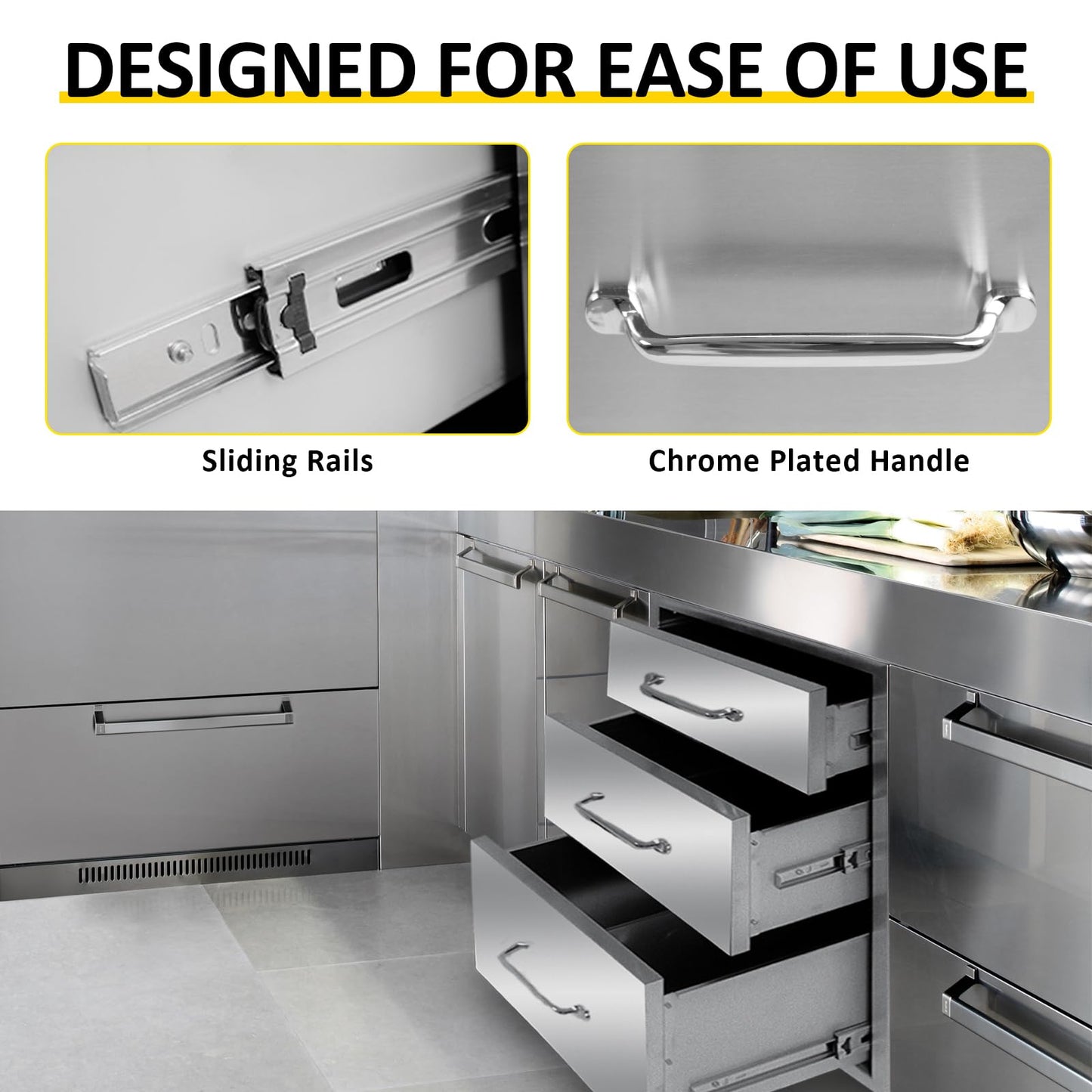 SGOLAN Outdoor Kitchen Drawers 14" W x 21" H x 23" D Flush Mount Triple BBQ Drawers with Chrome Handle Stainless Steel Drawer for Outdoor Kitchen Island, Patio Grill Station