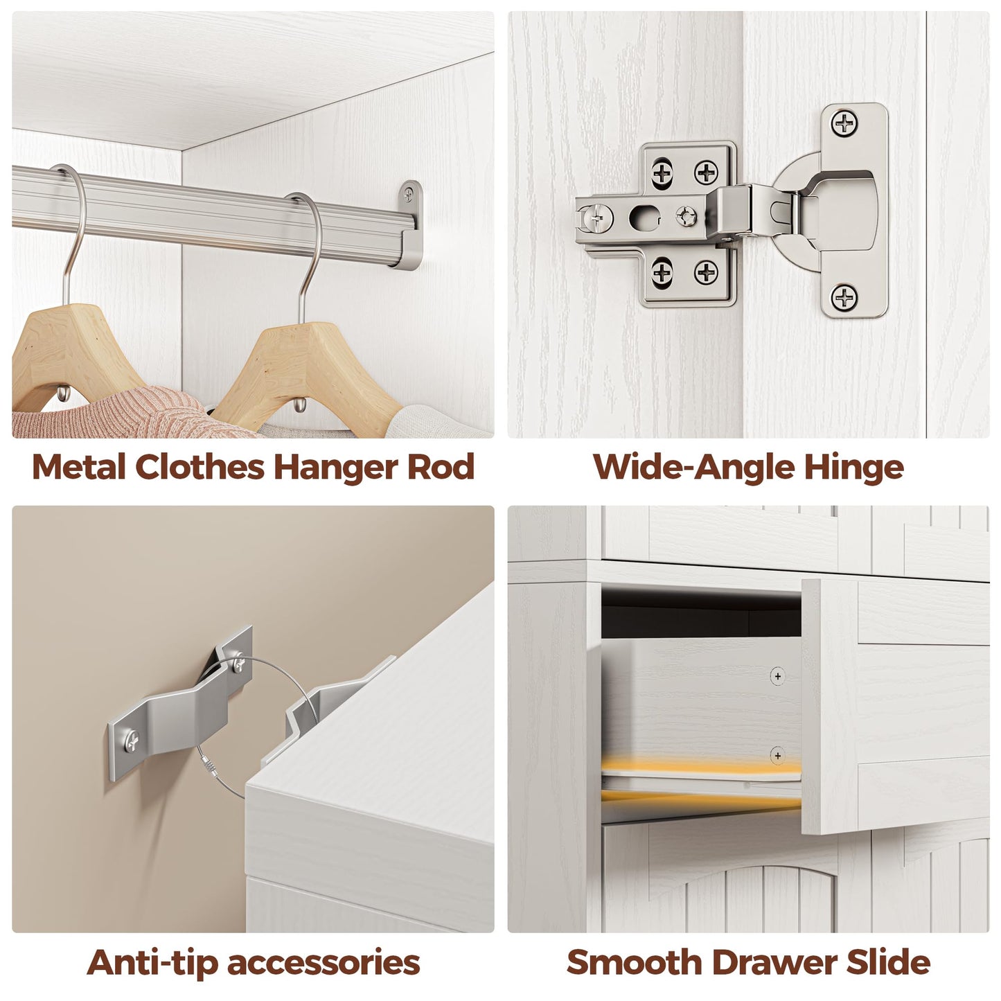 LIKIMIO 77" Tall Armoire Wardrobe Closet, Wooden Wardrobe with 4-Door and Drawer, White Clothes Storage Cabinet with Hanging Rod and Adjustable Shelves for Bedroom