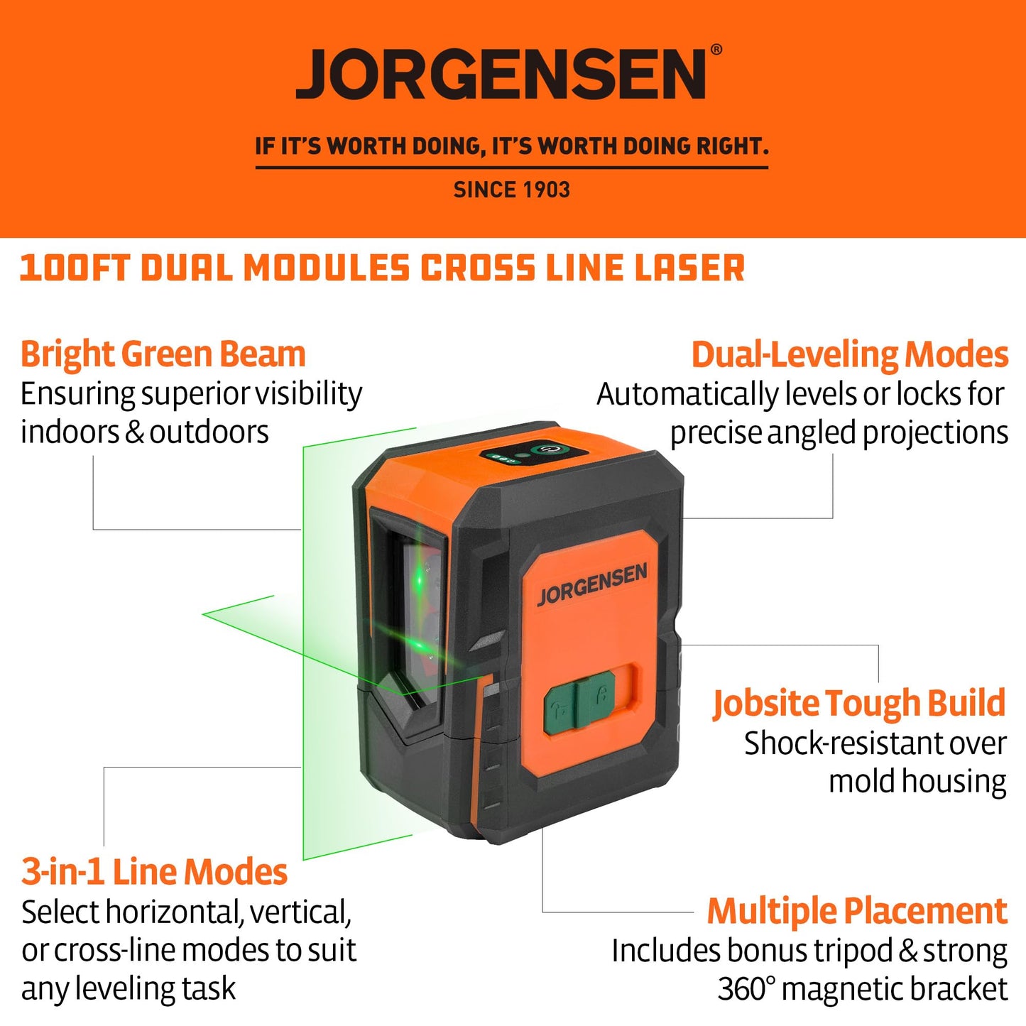 JORGENSEN Laser Level with Tripod, 100 FT Dual Modules Self Leveling Cross Line Laser Leveler Tool with 360° Magnetic Base, Green Laser Level for Picture Hanging, Tile, Home Renovation, Indoor Project