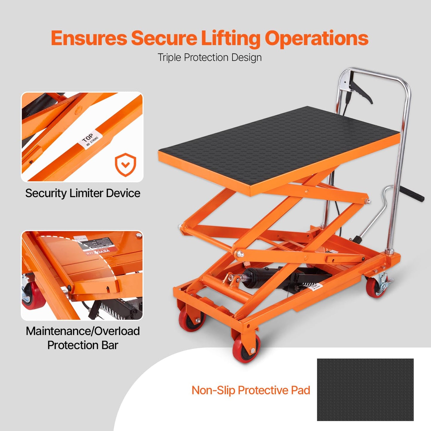 VEVOR Hydraulic Lift Table Cart, 330lbs Load Capacity 50 Inch Lifting Height, Manual Single Scissor Lift Table with Non-Slip Pad and 4 Wheels, Alloy Steel, Orange