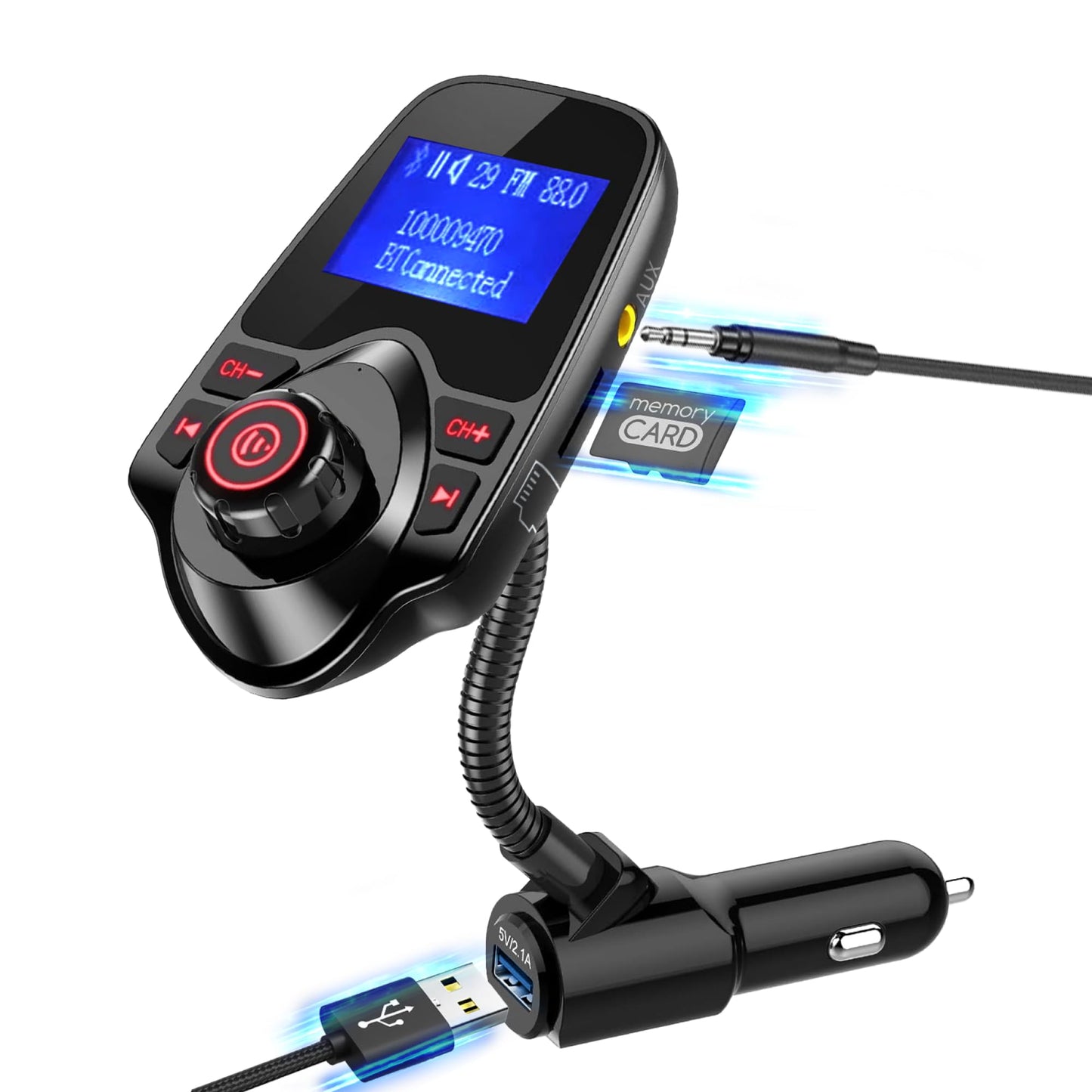 ONN Upgraded 2025 Car Bluetooth FM Transmitter – 1.44" Display, Flexible Gooseneck, Hands-Free Calls, Wireless Music Player, Radio Adapter, USB Charger, Micro SD Card & AUX Support