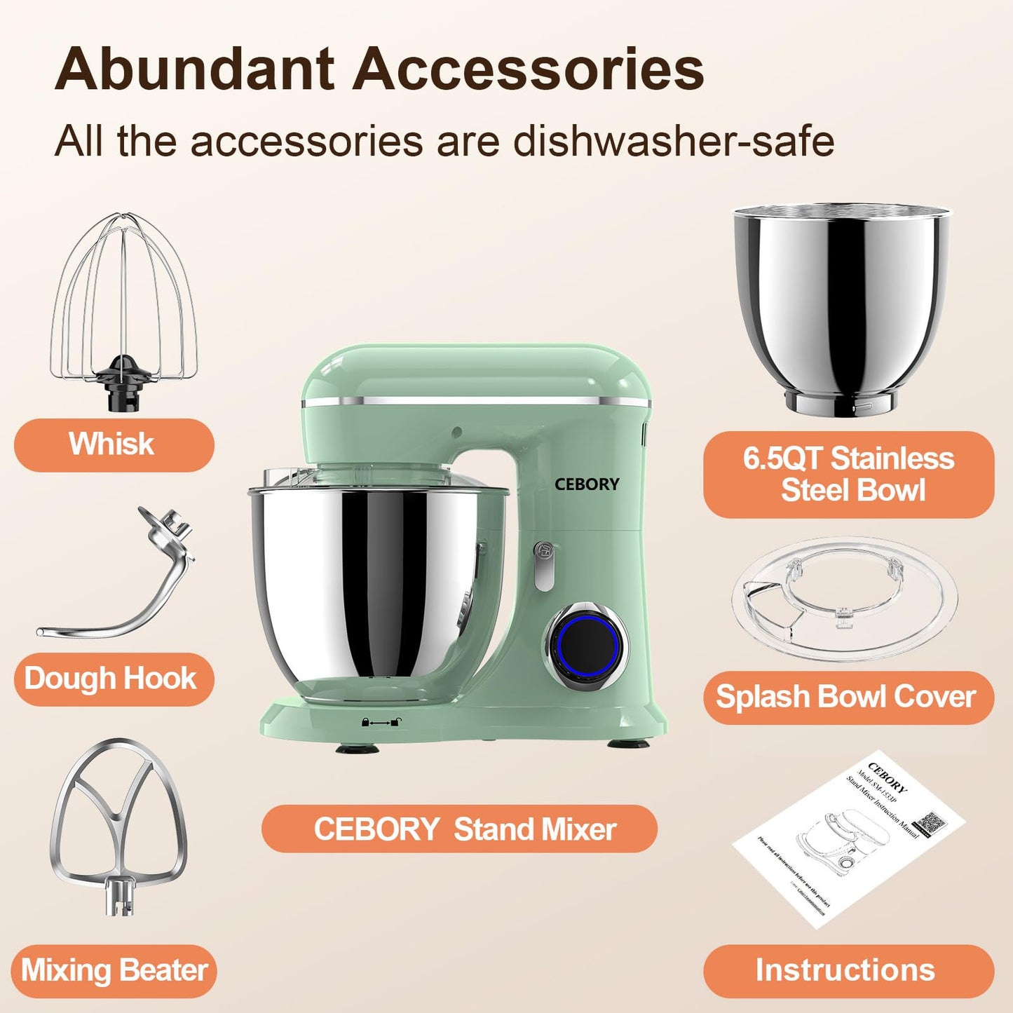 CEBORY 3-IN-1 Electric Stand Mixer, 6.5QT Bowl 660W 10-Speed Kitchen Mixer, Household Food Mixers include Dough Hook, Beater and Whisk, Bread Cake Mixer for Baking and Most Home Cooks, Agave Green