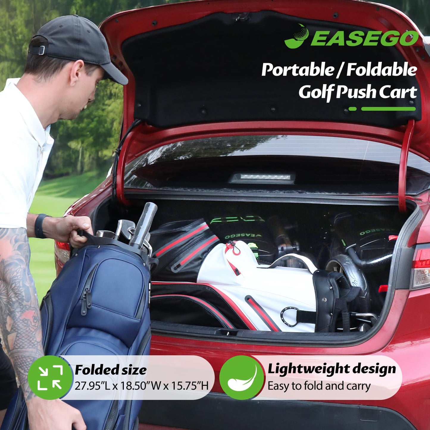 EASEGO Golf Push Cart 4 Wheel : Golf Walking Carts with Phone Holder/Cup Holder/Umbrella Holder/Foot Brake/Cooler Basket 4 Wheel Superlite Golf Pull Cart All-Terrain Golf Caddy Carts(Lime Green)