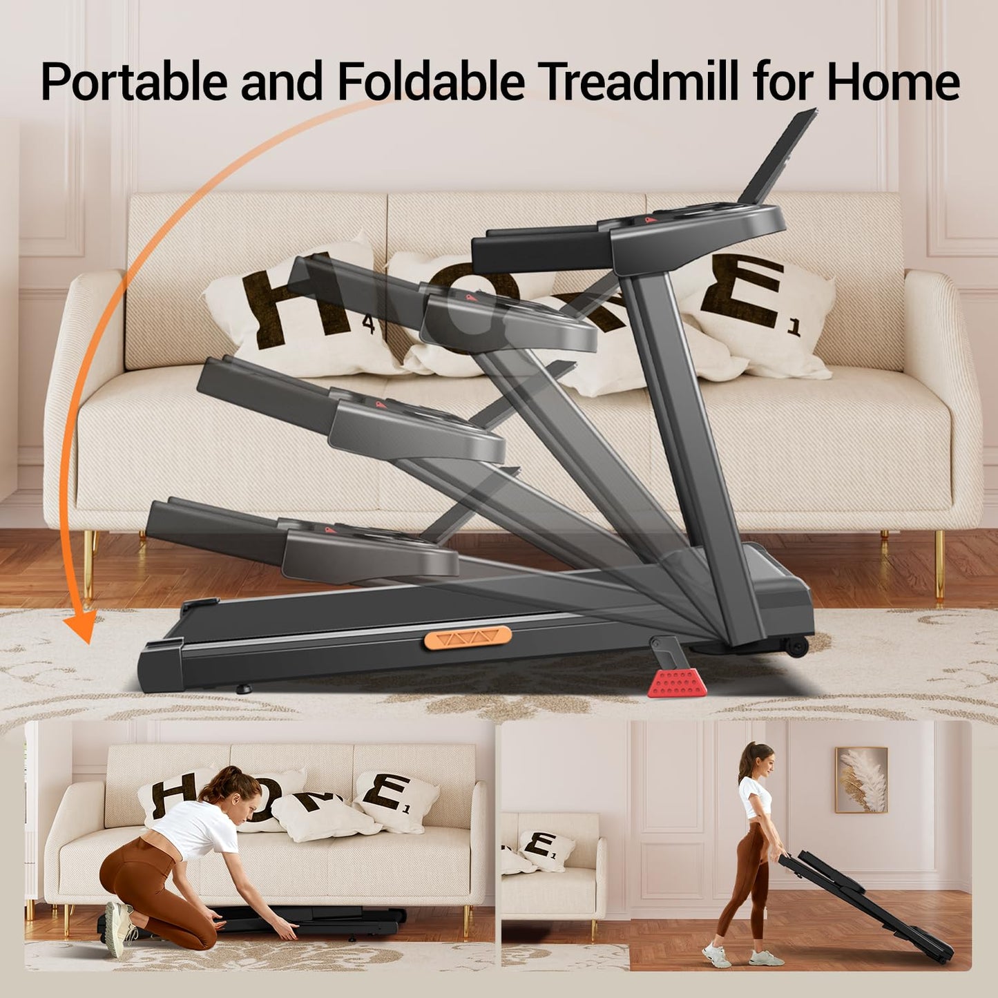 16% Incline Treadmill with Handle, 3-in-1 Portable Treadmills for Home and Office, Foldable Treadmills with 300 Lbs Weight Capacity, 3.0HP Quiet Walking Pad Treadmill, Three Screen (16% Black)