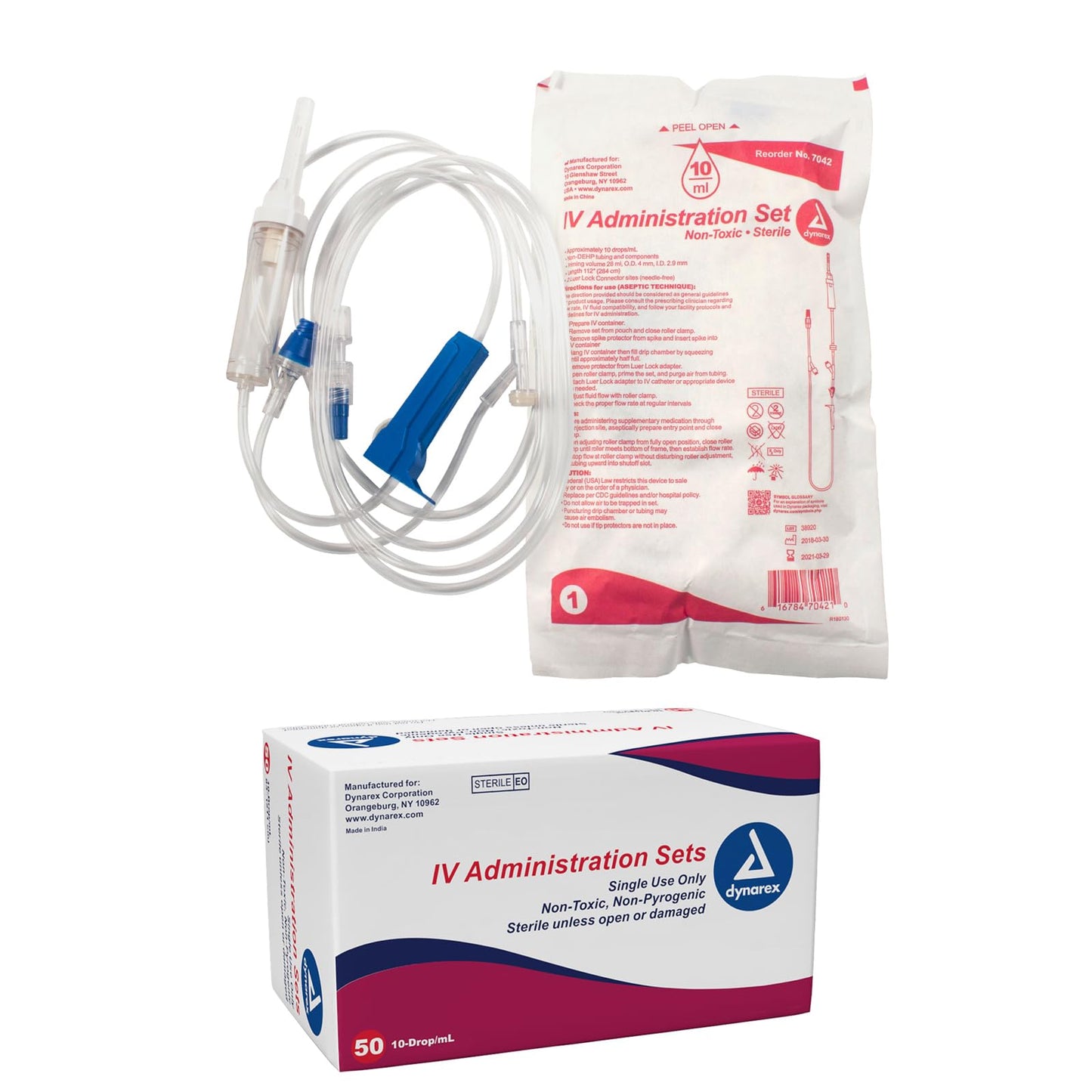 Dynarex 7042 IV Administration Set with 2 Needles Port and Check Valve, 10 Drop/mL, 112" Length, Pack of 50