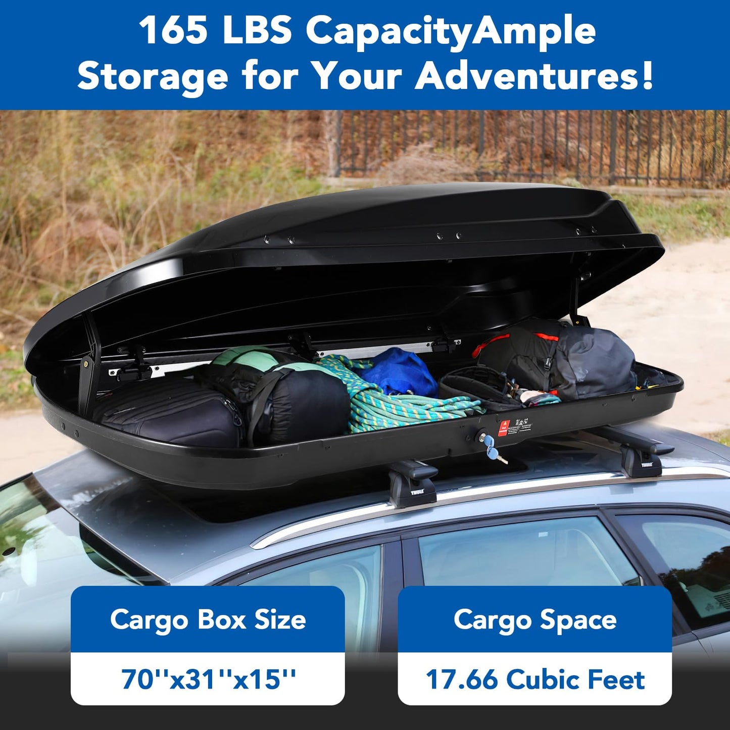 Garvee Heavy Duty Hard Shell Roof Top Cargo Carrier - 70(L) x31(W) x15(H) Waterproof Lockable Storage Box Capacity 165 Lbs 17.7 Cu Ft - Tool-Free Install- Fits SUV, Truck, Van