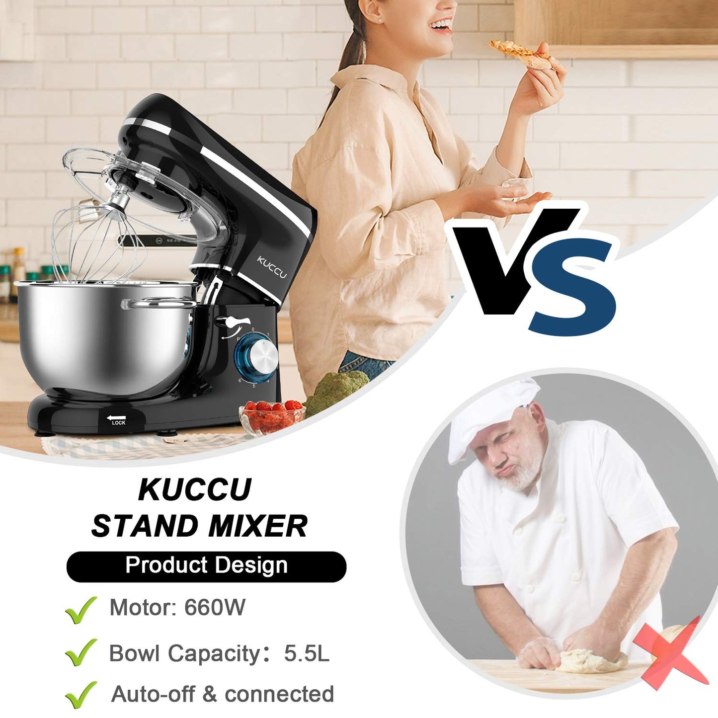 KUCCU Stand Mixer, 660W, 6-Speed Tilt-Head Food Dough Mixer, Kitchen Electric Mixer with Stainless Steel Bowl,Dough Hook,Whisk, Beater, Egg white separator (6.5-QT, Black)…