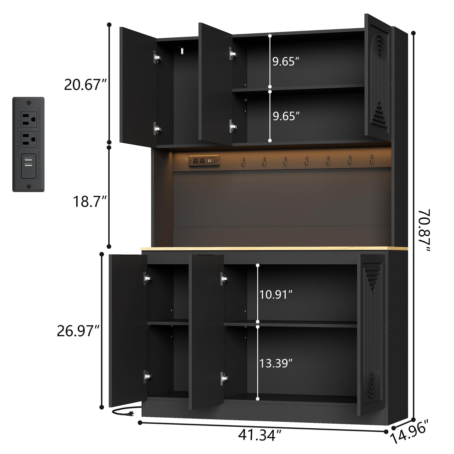 71" Black Kitchen Pantry with Power Outlet & LED Light, Large Kitchen Hutch Cabinet with Adjustable Shelf, Modern Buffet Cabinet with 6 Doors, Food Pantry Storage for Dining Room (Black 6 Doors)