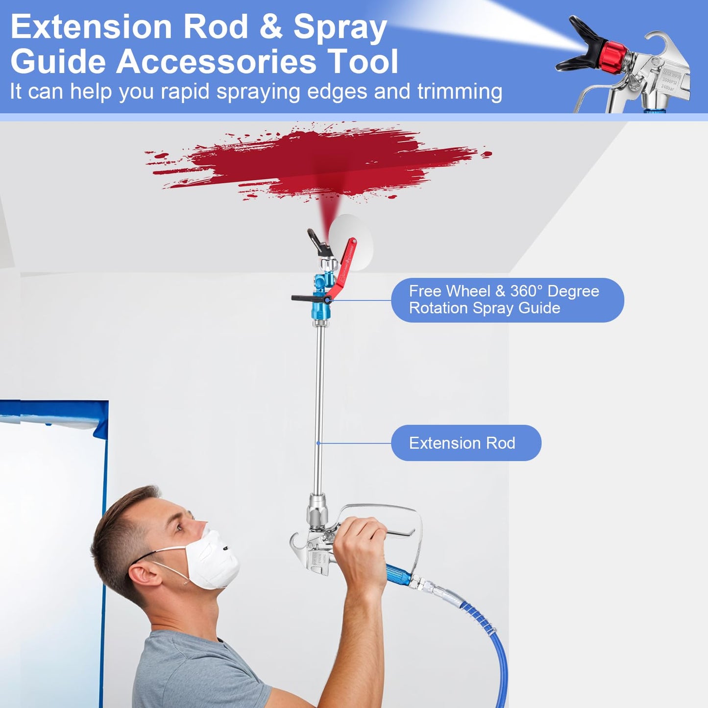 Gyfent 22Pcs Airless Paint Sprayer Gun Kit, 3600PSI Airless Spray Gun with 50Ft High Pressure Hose & 6Pcs Reversible Spray Tips & 4Pcs Extension Rod & 6Pcs Filters & Guide Tool & Nozzle Seat