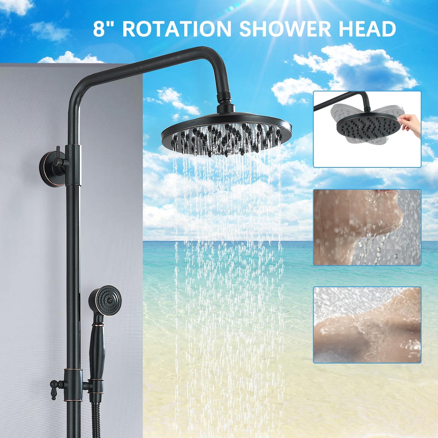 MOSSON Rain Shower System Oil Rubbed Bronze Outdoor Shower Faucet Set with 8 Inch Rainfall Shower Head Handheld Spray 2 Cross Handles Wall Mounted Bathroom Shower Fixtures Solid Brass
