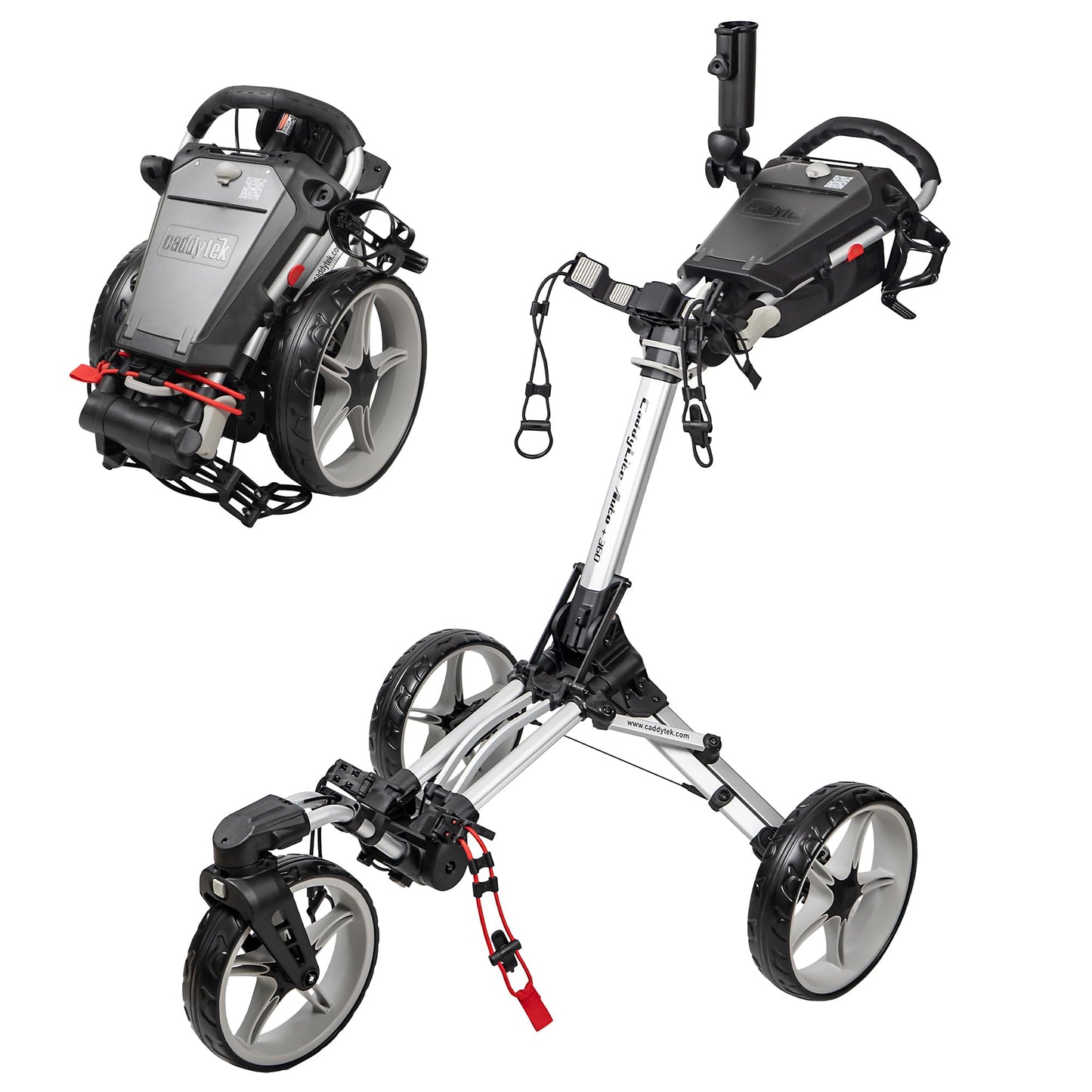 Caddytek CaddyLite Auto+360 Golf Push Cart - 4 Wheel Lightweight Foldable Golf Pushcart with Auto Folding, 360° Swivel Front Wheel, Aluminum Frame, EVA Wheels, Foot Brake, Umbrella & Drink Holder