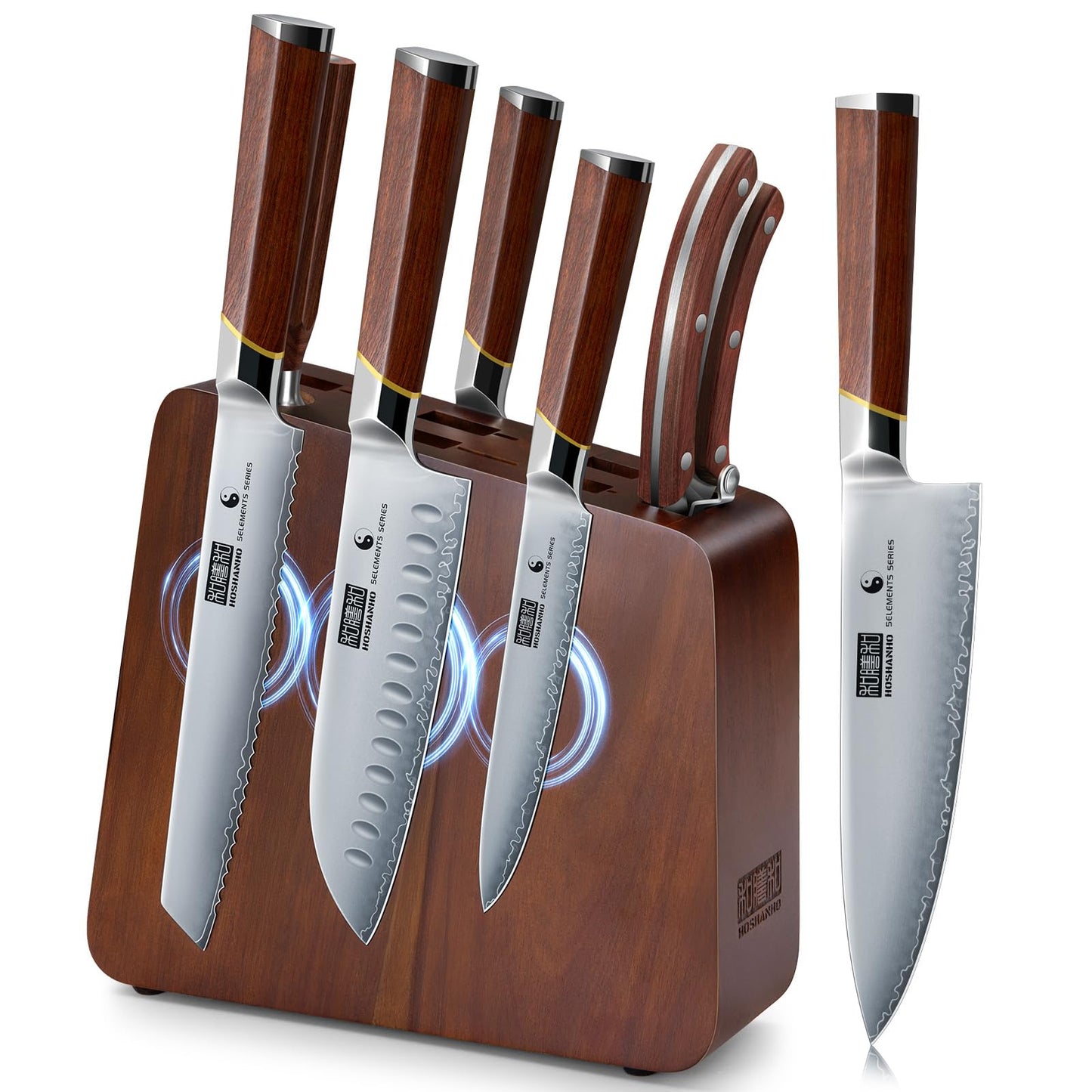 HOSHANHO 8 Pieces Knife Set with Magnetic Block, Ultra-Sharp High-carbon Steel Kitchen Knife Set, Professional Knife Block Set with Ergonomic Wooden Handle & Sharpener