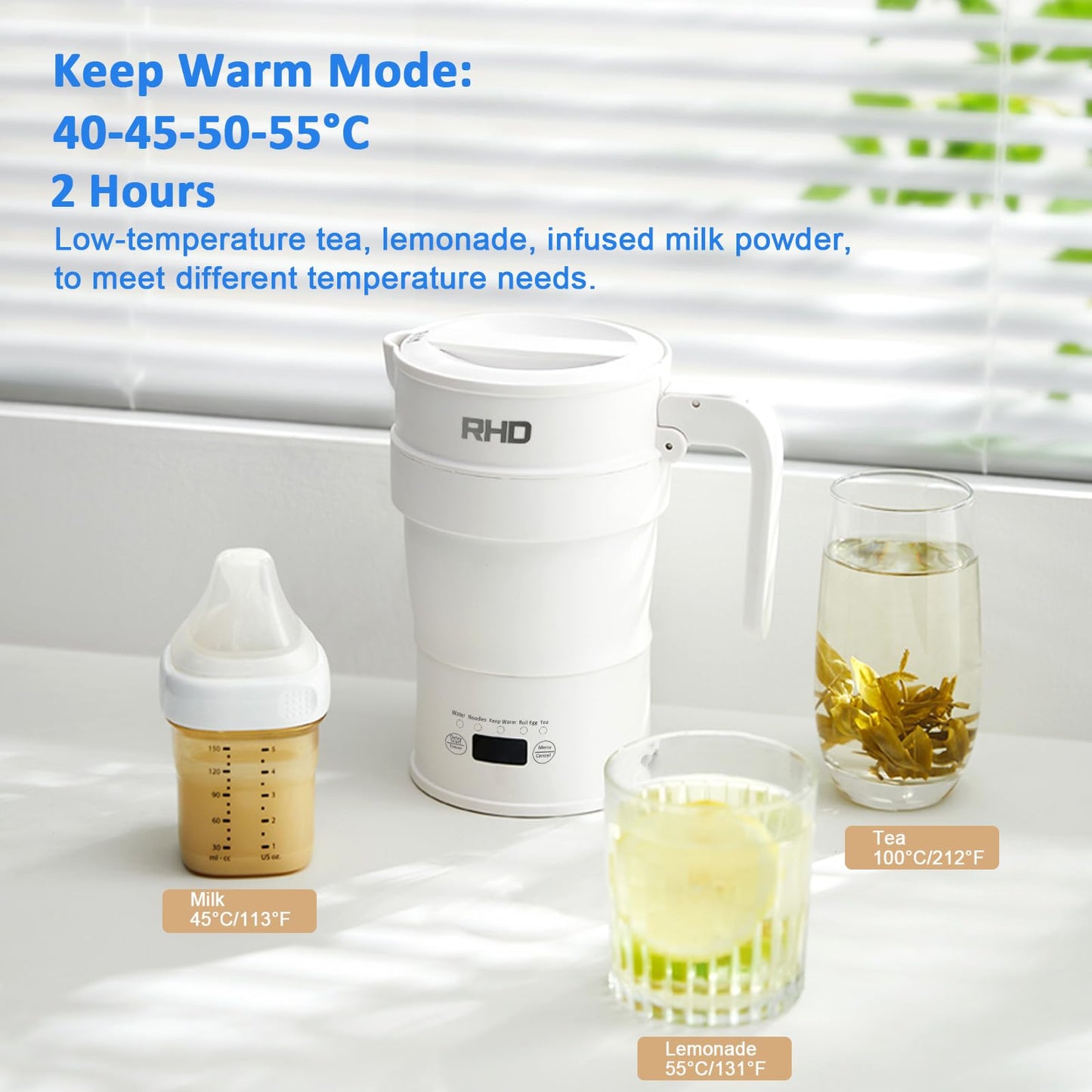 Travel Foldable Electric Kettle, 700ML Hot Water Kettle with Multifunctional Panel, Collapsible Small Boiling Water Kettle with Keep Warm & Delay Start, BPA-Free, 600W, 304 Stainless Steel, White