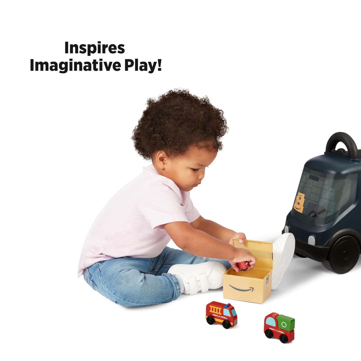 Radio Flyer Amazon Delivery Van, For Ages 2+, Ride and Deliver Truck for Kids, Under Seat Storage, Stationary Handle, Ergonomic Seat, Includes 3 Mini Amazon Boxes & 3 Wooden Toys, Toddler Ride On Toys