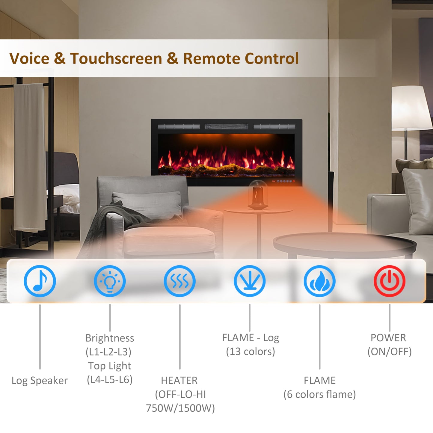 Mystflame 60 Inch WiFi Electric Fireplace Heater, Recessed or Wall Mounted, Ultra‑Slim 5.51" Deep, 750/1500W, 12 Flame Colors & 12 Ember Bed Colors,Remote & App Control, Works with Alexa & Google Home