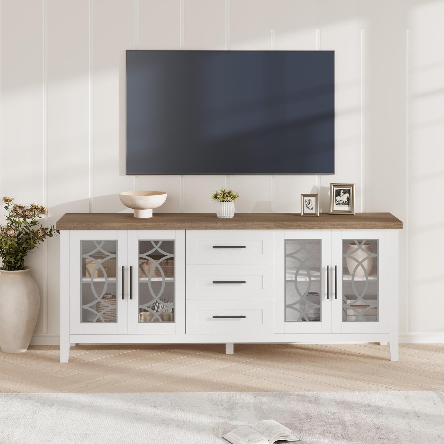 GarveeHome Farmhouse TV Stand with Glass Door for 70 Inch Tv, Mid Century Modern Entertainment Center for Living Room, Rustic Television Stands 2 Storage Door & 3 Drawer for Bedroom (Classic White)