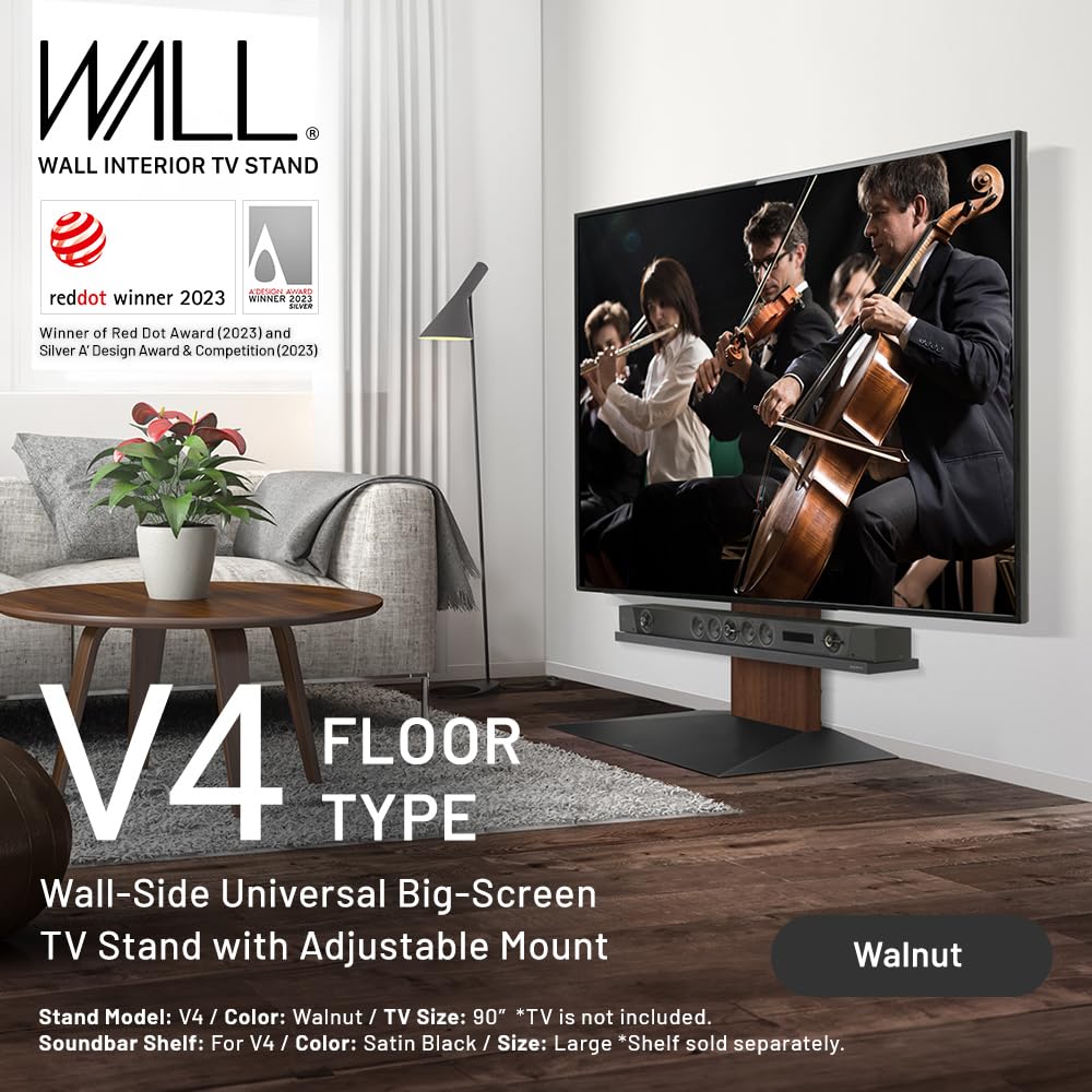 WALL V4 | Sleek Shallow Floor TV Stand for Extra Large 50-100 Inch | Walnut | for Large Screens | Living Room and Bedroom, Space Saving, Adjustable Mount, No Drill, Japan-Engineered Design