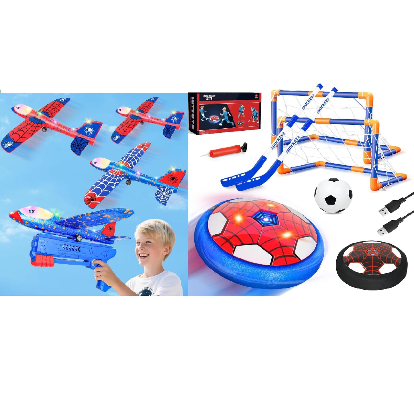 HitToys Airplane Launcher Toy & Spider Hover Soccer Ball Set for Kids | 3 Pack Spider Foam Gliders Air Planes, 3-in-1 Rechargeable Toddler Air Floating Football Toy Ball with Led for Boys Birthday