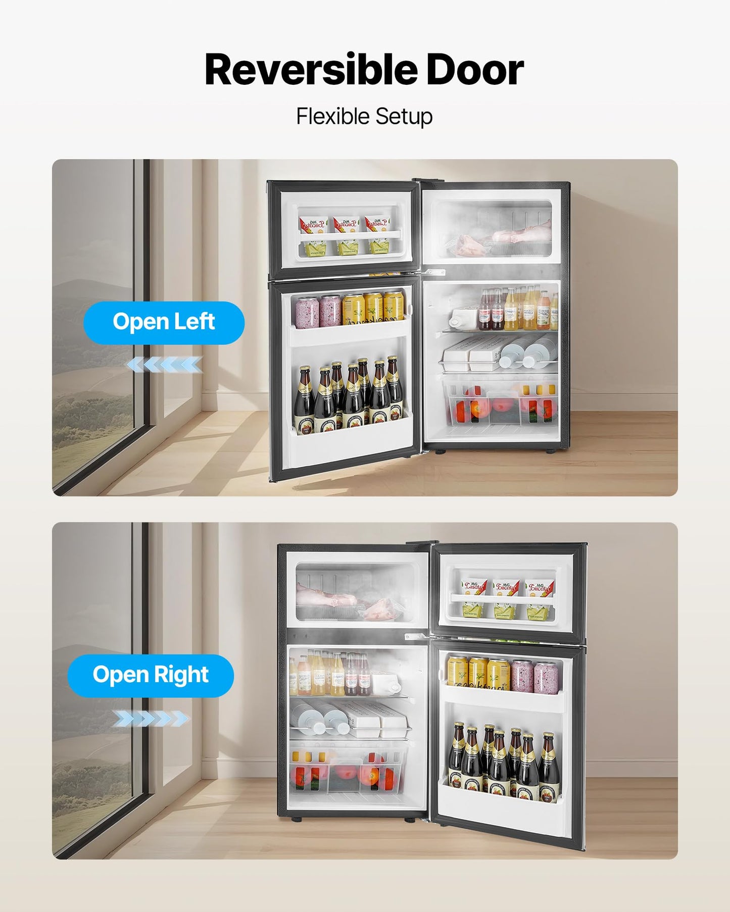 VEVOR 3.2 Cu.Ft Mini Fridge with Freezer, Dual Zone Compact Refrigerator, 3-Mode Adjustable Temperature, Energy Efficient Small Fridge, Reversible Door, Low Noise, for Bedroom, Dorm, Office, Black