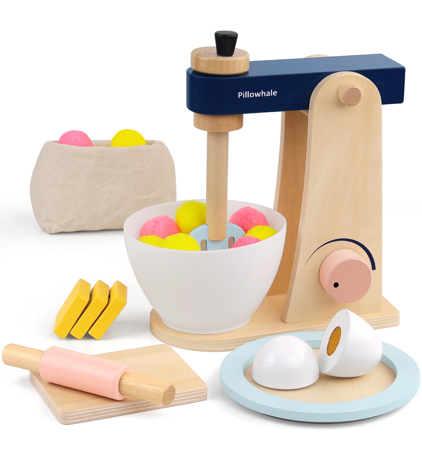 Pillowhale Wooden Kitchen Toys Mixer for Toddlers Age 3+ - 21pcs Montessori Pretend Play Baking Set with Bowl & Rolling Pin, Toy Kitchen Accessories Gift for Girls Boys