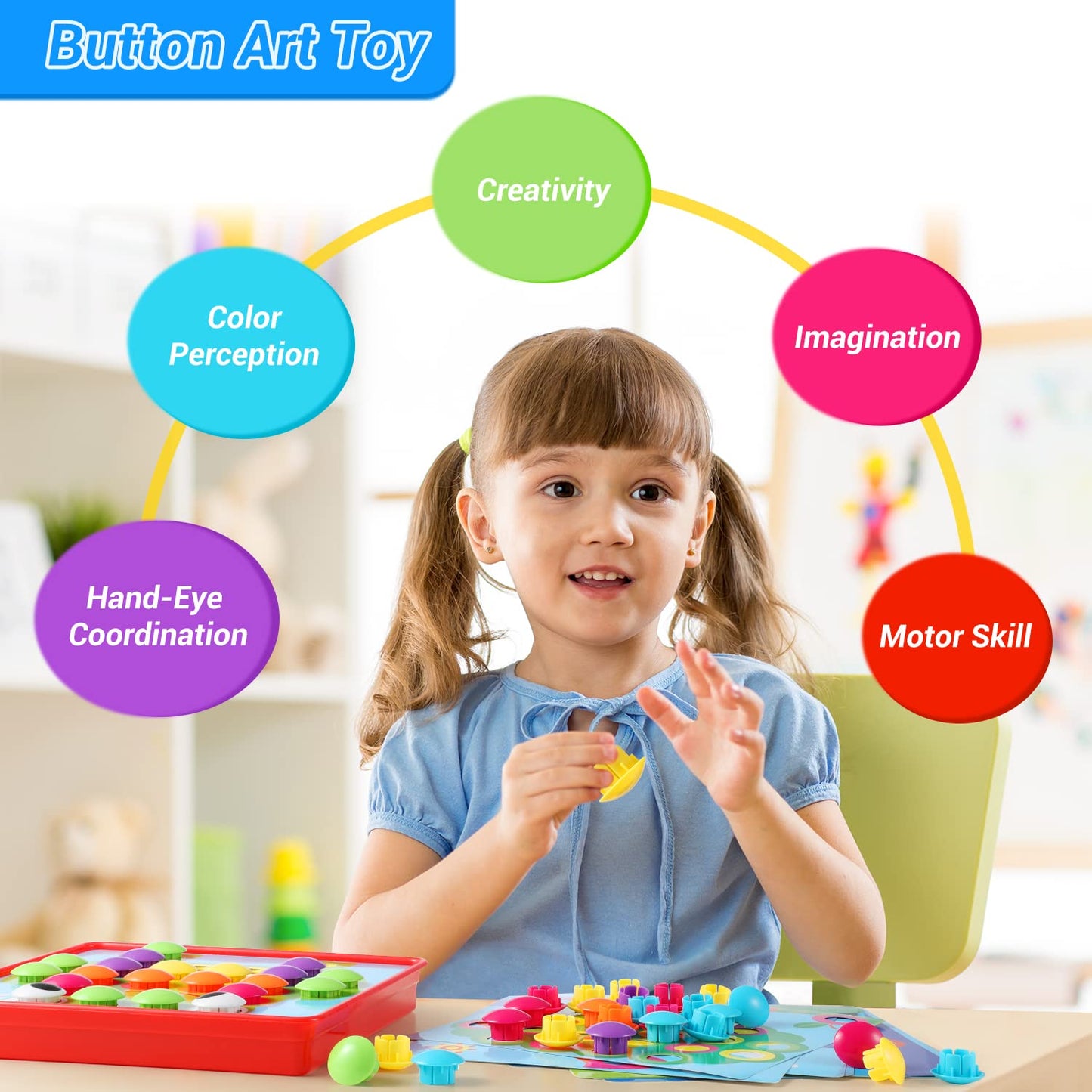 Geekper 68PCS Button Art Toys for Toddlers Color Matching Mosaic Pegboard, Early Learning Educational Toys for 3, 4, 5, 6 Year Old Kids Boys and Girls Easter Gifts, 10 Pictures and 58 Buttons