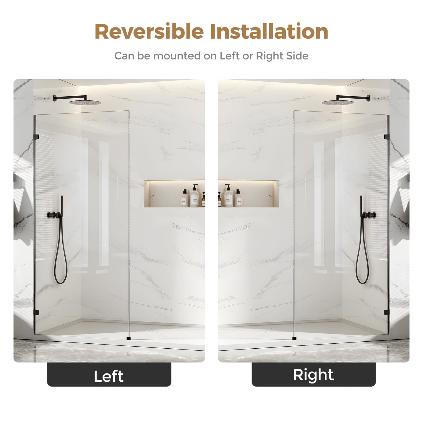 Shower Glass Panel Fixed Shower Screen, 36” W x 78” H 3/8” 10mm Single Frameless Shower Doors for Walk in Shower with Clear Tempered Glass Explosion-Proof Film for Bathroom, Matte Black Hardware