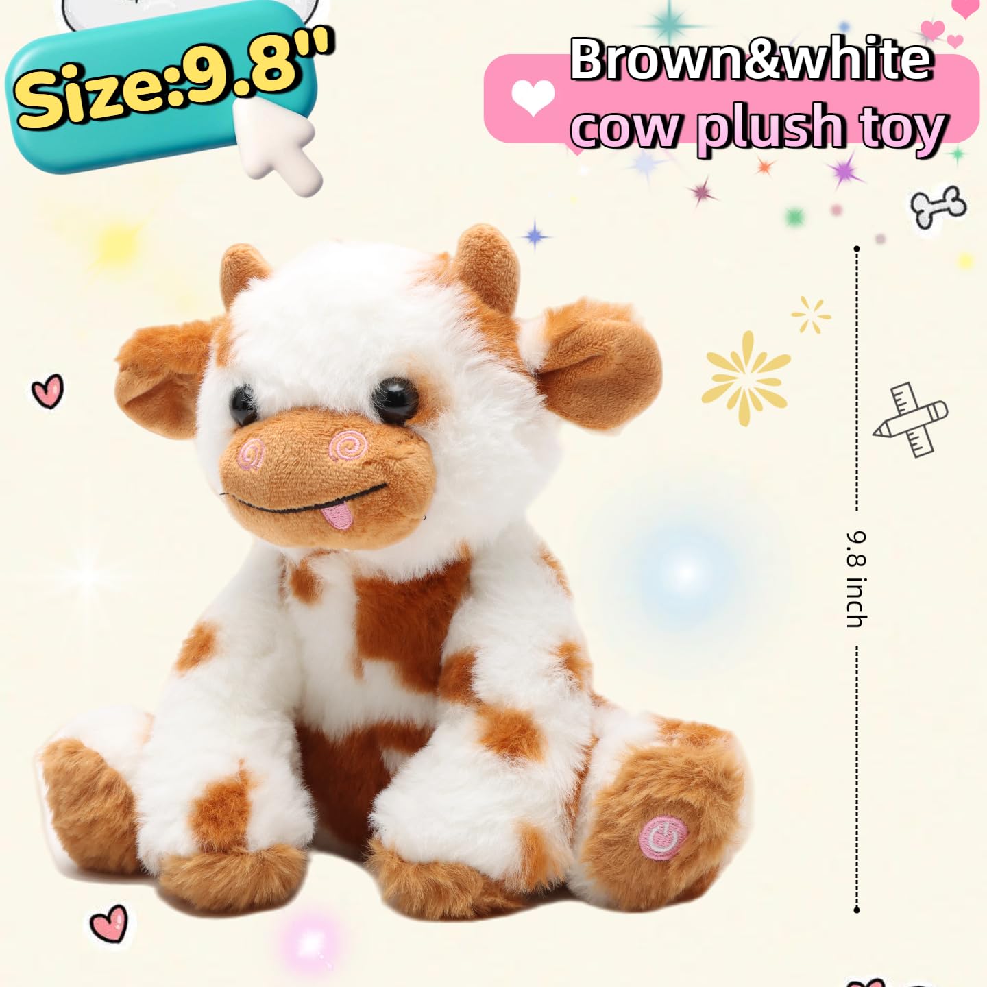 unsnurnoch 9.8" Light-Up Plush Cow Toy, Soft Brown & White Glowing Cow Stuffed Animal, Night Companion for Kids, Cute Bedroom Decor, Birthday for Boys Girls Friends