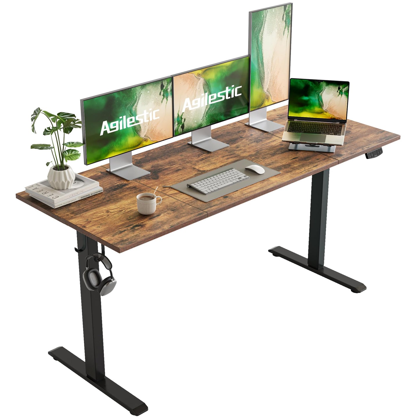 Agilestic Electric Standing Desk, Large 63 x 24 Inches Height Adjustable Desk, Sit Stand up Desk for Work Office Home, Splice Board, Rustic Brown