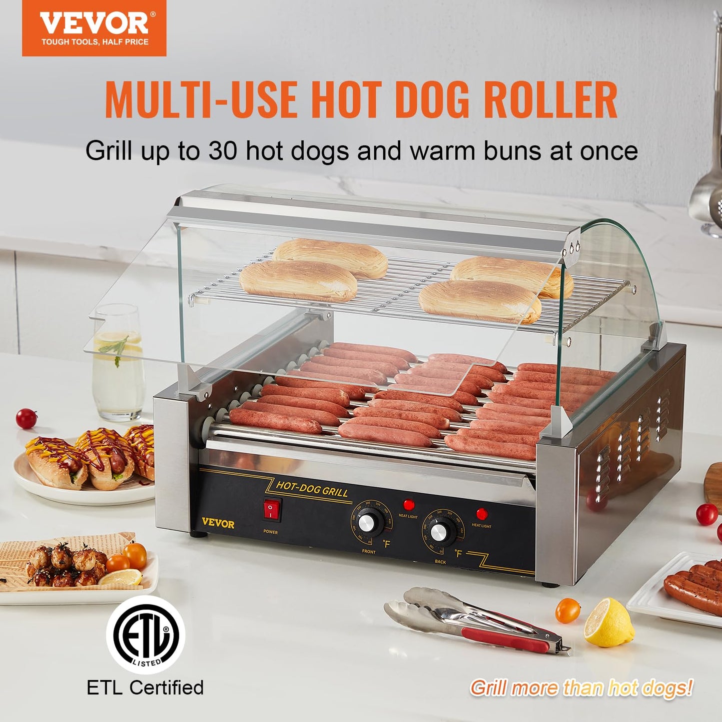 Happybuy Hot Dog Roller, 11 Rollers for 30 Hot Dogs, 1650W Stainless Sausage Grill with Dual Temp Control & Acrylic Cover