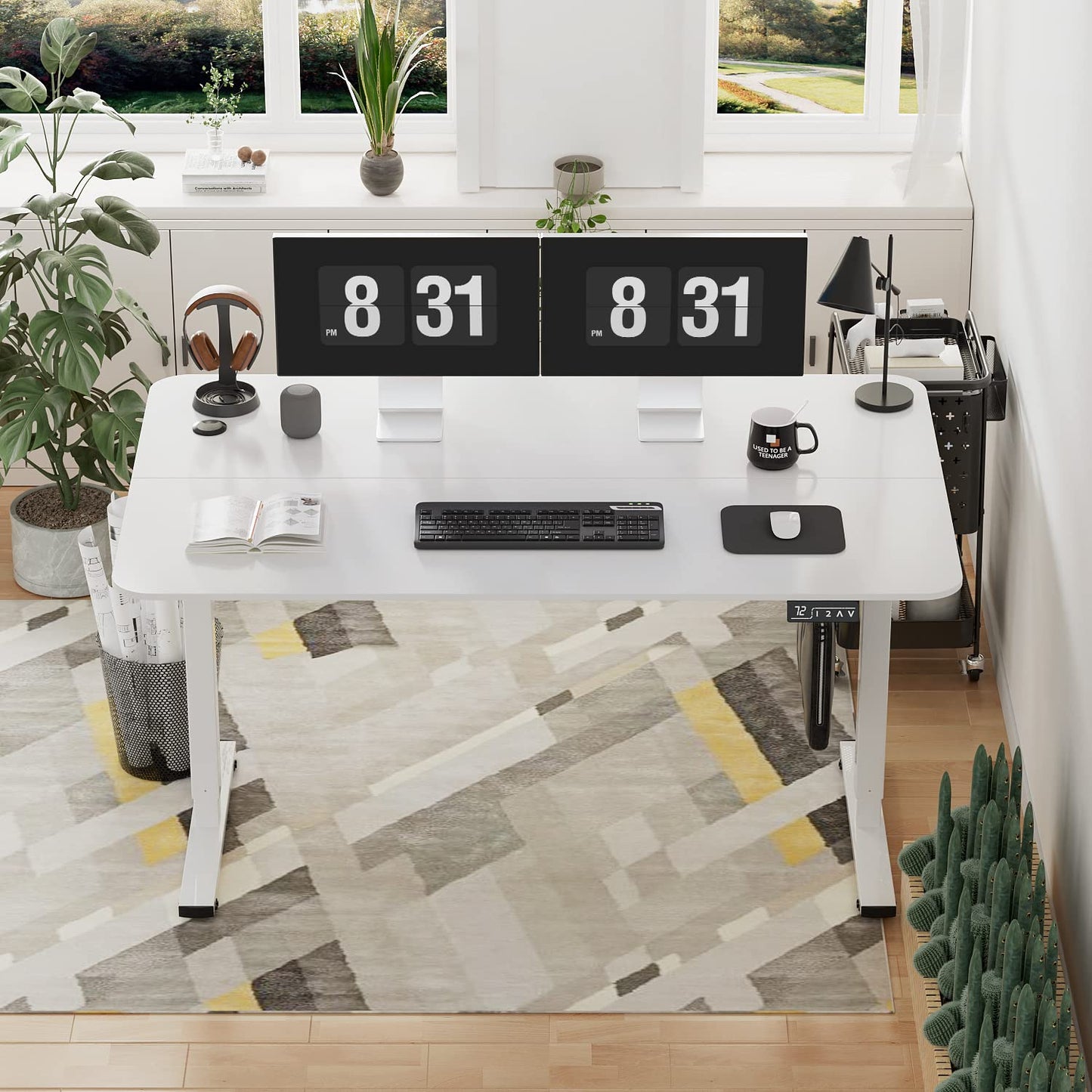 YESHOMY Height Adjustable Electric Standing Desk, 55 inch Computer Table, Home Office Workstation, White Leg/White Top