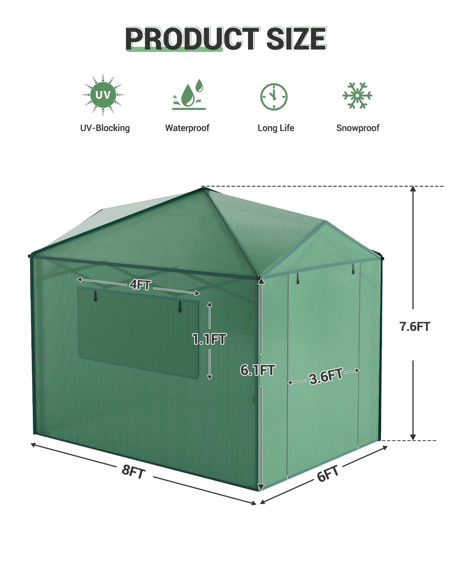 8x6 FT Walk in Green Houses for Winter, Popup Greenhouse Kit,Steel Frame Hot Houses, Roll-Up Zipper Door for Flowers, Vegetables, Saplings, Tropical Plants, Green