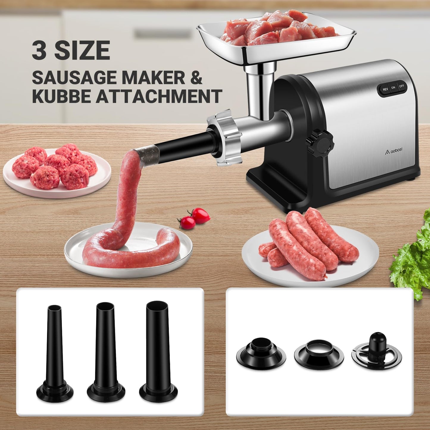 AAOBOSI Electric Meat Grinder #10 | 3000W Max | 3 Stainless Steel Plates | 3 Sausage Stuffers | Stainless Steel Blade | Kubbe Maker | One-Button Control