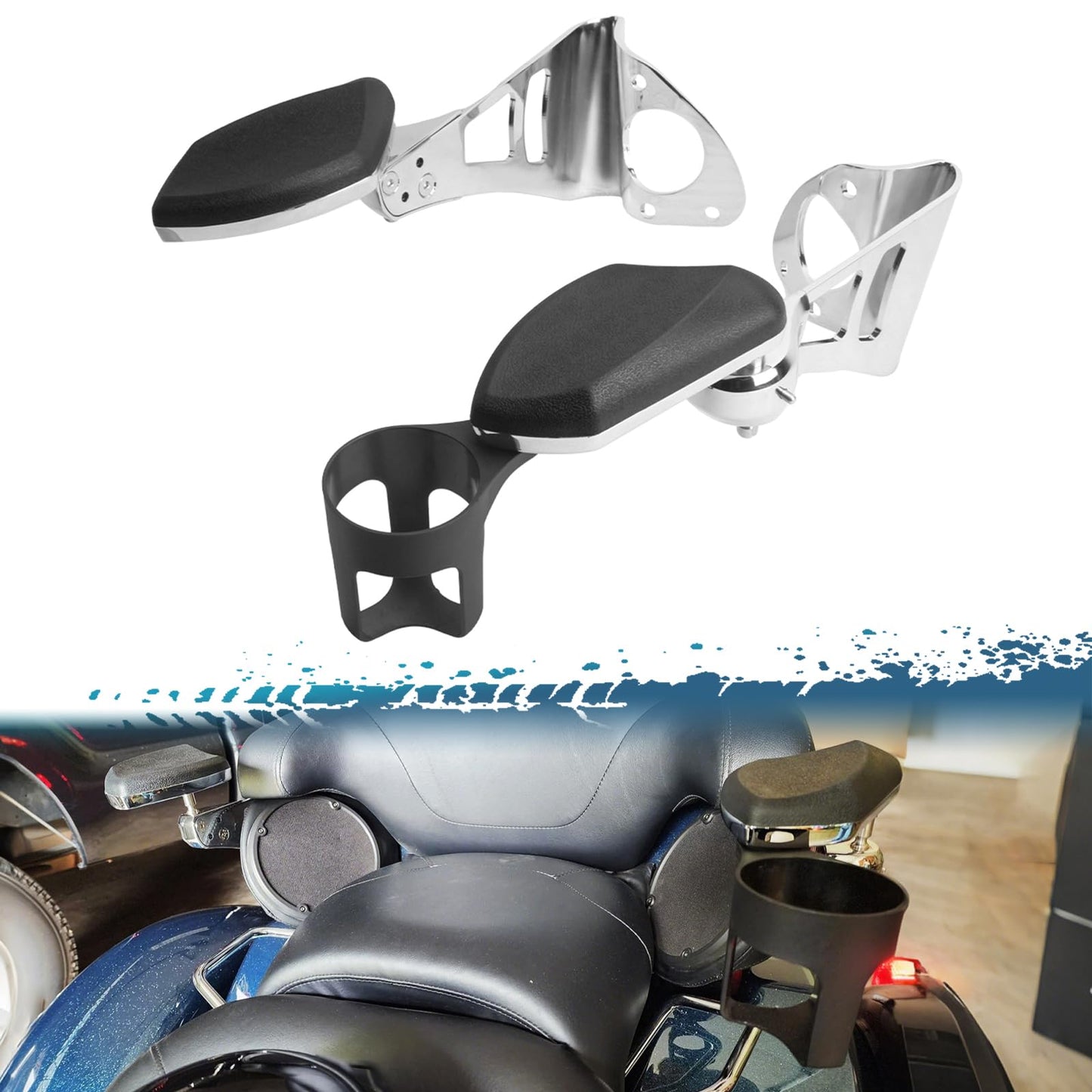 Adjustable Passenger Armrests with Cup Holder for Motorcycle Accessory Compatible with Harley Touring Electra Glide Road Glide Ultra Tri Glide 2014-2024 (Chrome)