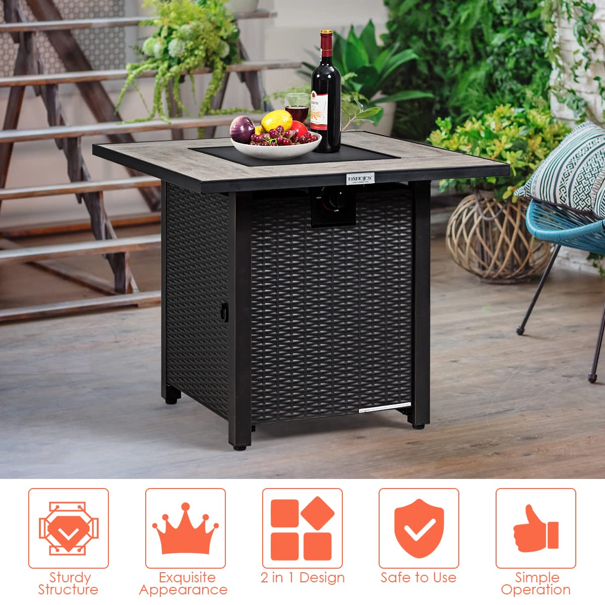 COSTWAY 30" Propane Gas Fire Table, Patio Square Fire Pit Table w/Stainless Steel Burner, 50,000 BTU Heat Output, Elegant Tile Tabletop, PVC Cover Perfect for Poolside, Backyard