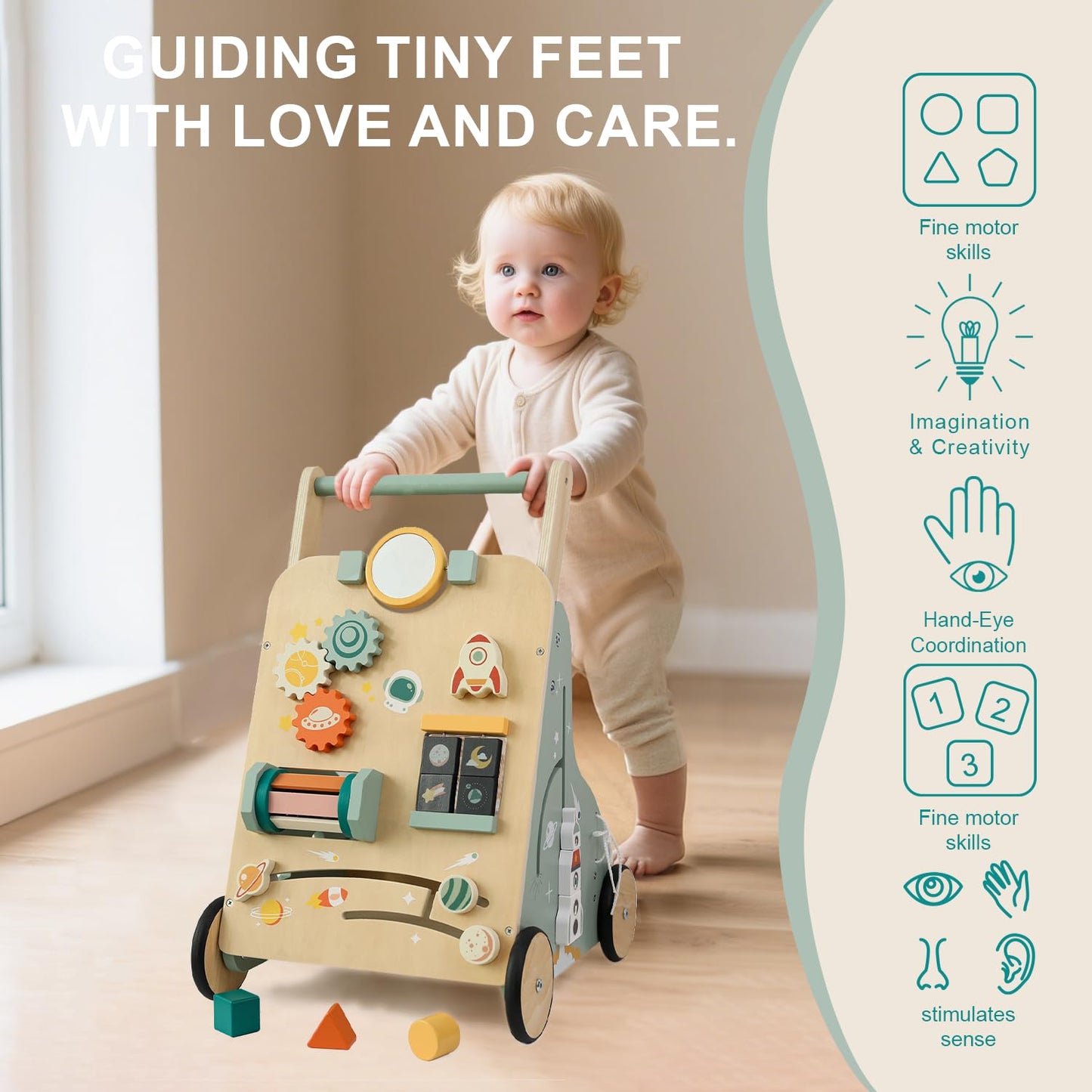 MILEFUN Adjustable Wooden Baby Walker – Montessori Push Toy for 1 Year Old with Rocket-Themed Activity Center, Sit-to-Stand Walker Gift for Boys and Girls