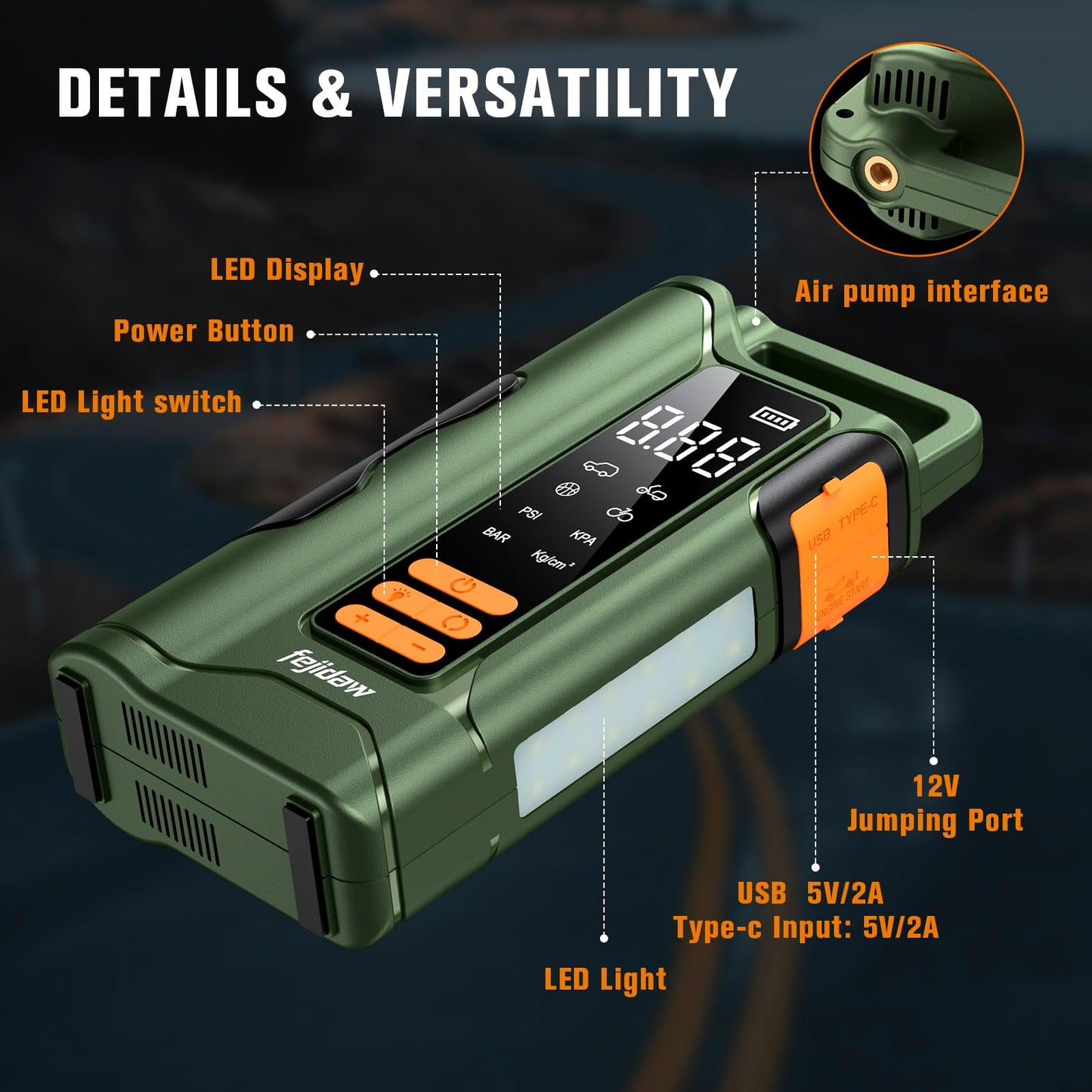 Jump Starter with Air Compressor,5000A Car Battery Jumper Starter, 16000mAh Battery Jumper Starter Portable for 10L Gas/Diesel Engine with 160PSI Booster,LED Display & Light,Jumper Cables