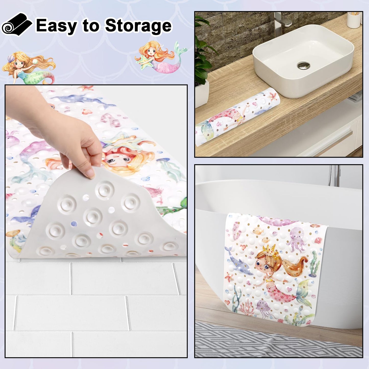 Topotdor Baby Bath Mat, Cartoon Bath Mat for Tub Non Slip Kids, 40x16 Inch Extra Long Toddler Bathtub Mat with Drain Holes & Suction Cups, Machine Washable Anti-Slip Shower Mat, Mermaid