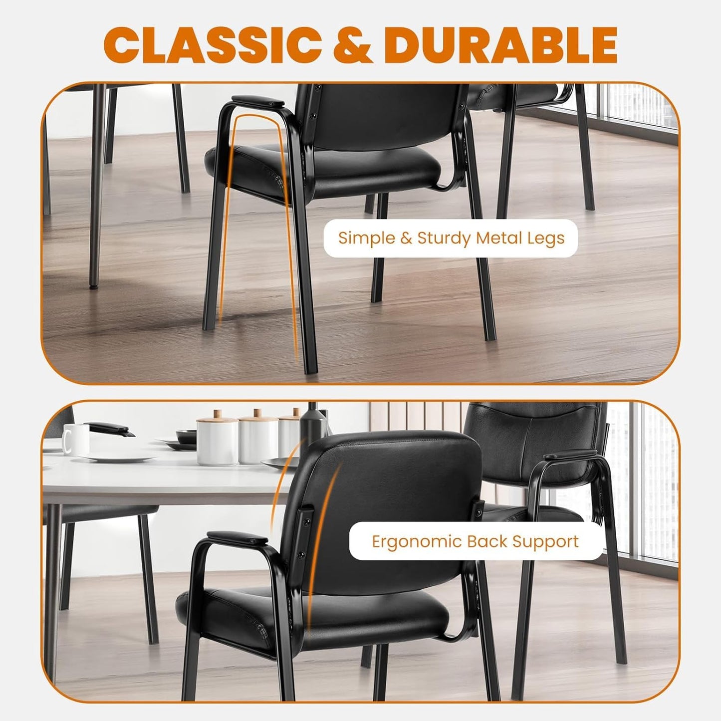 Sweetcrispy Office Reception Guest Chair No Wheels Set of 6, Leather Stationary Waiting Room Chairs with Padded Arms for Elderly Desk Conference Room Lobby Table Side Salon