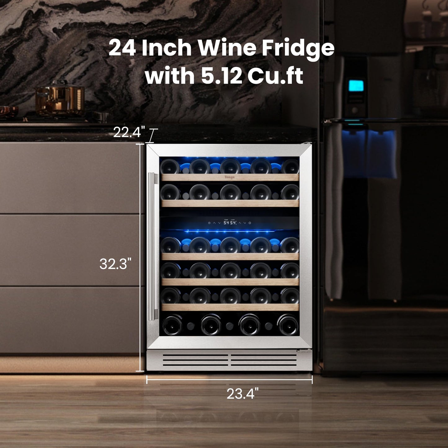 Yeego Wine Fridge Cooler - 24 Inch Dual Zone Wine Fridge Hold 52 Bottles, 40-65°F Wine Refrigerator Glass Door, Built in, Freestanding Under Counter Fridge for Beer Soda Drink Home Bar Office