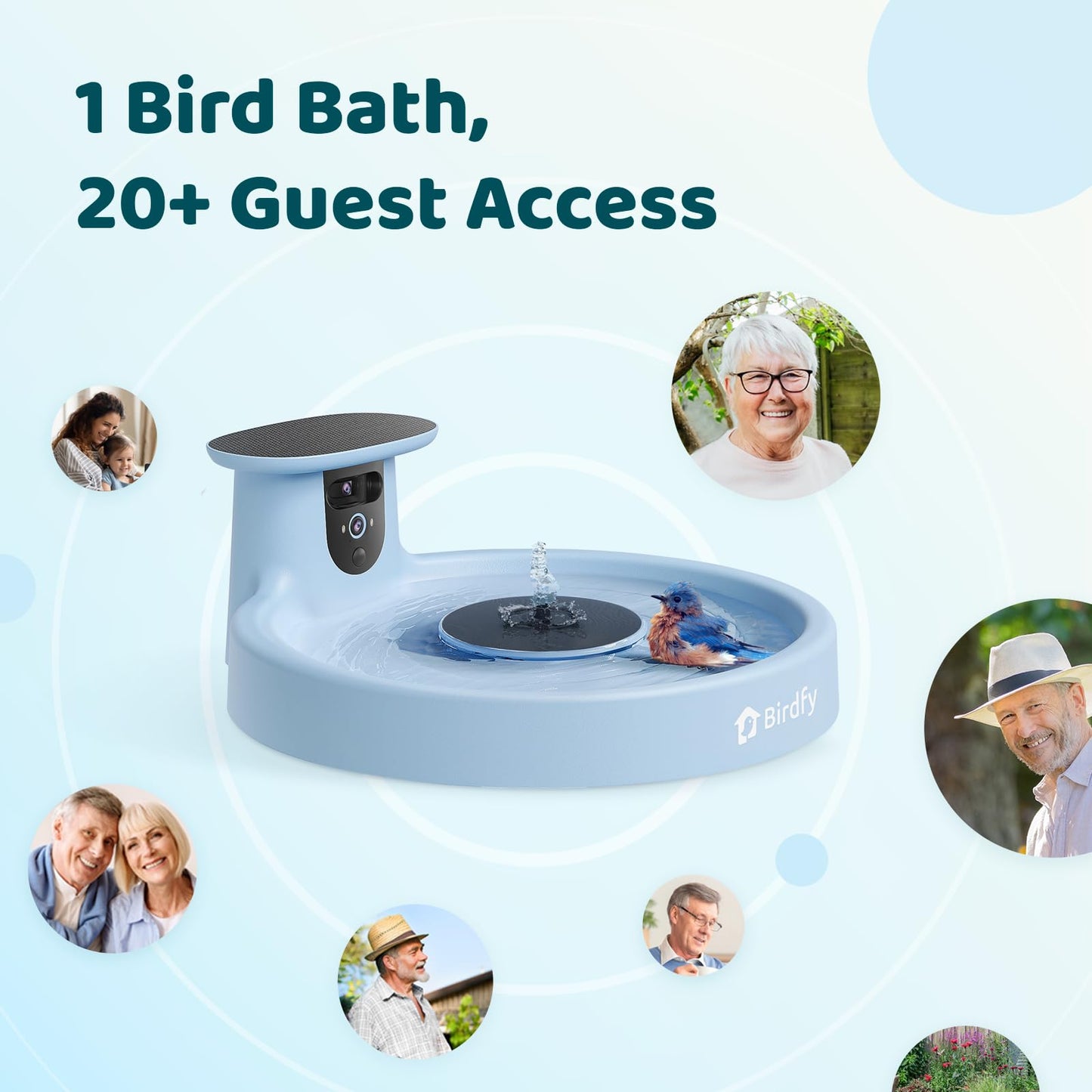 Birdfy Smart Bird Bath with Camera Solar Powered & Fountain, Dual-Lens Camera for Wildbird Watching, Auto Capture Bird Videos & Motion Detection - AI by Subscription (Blue)