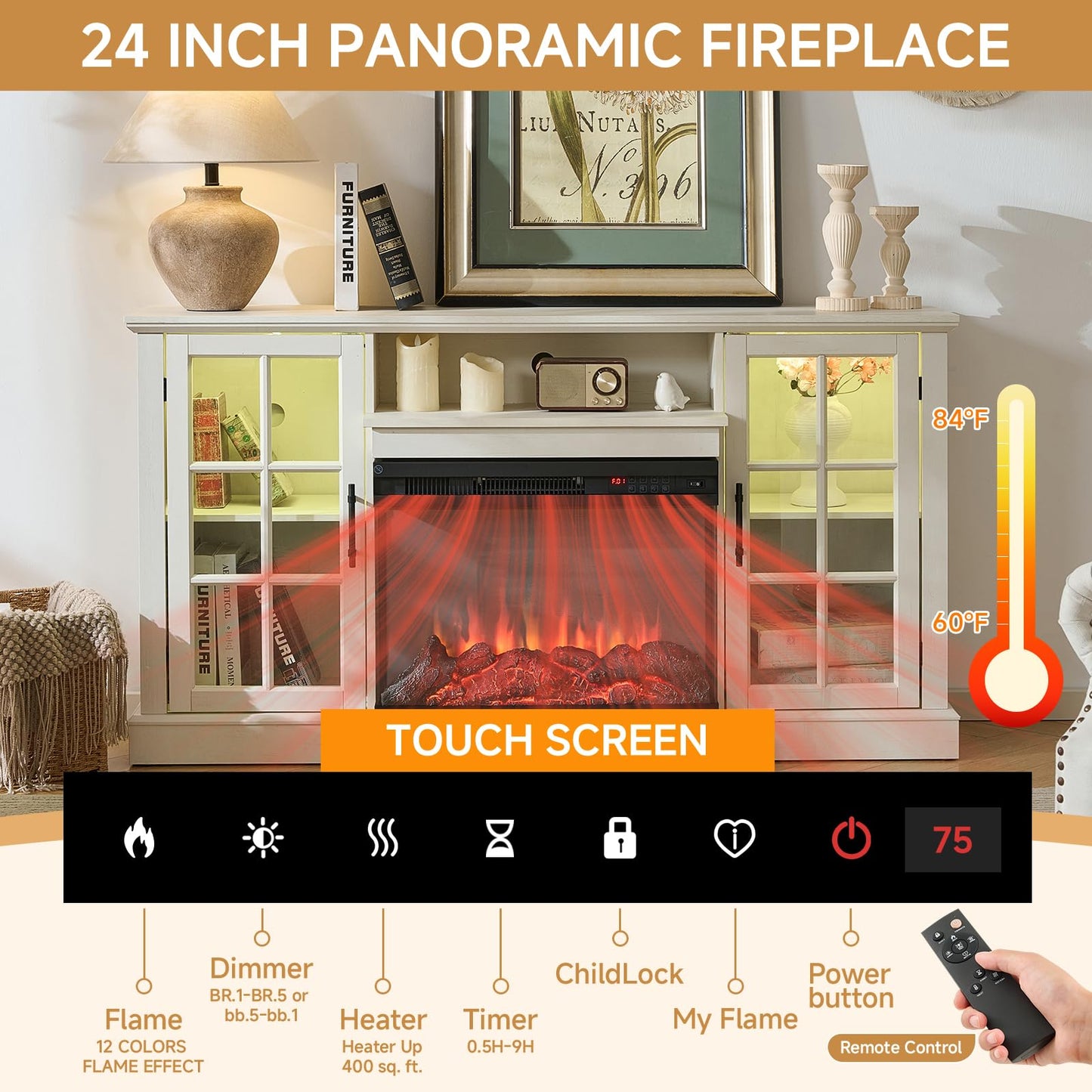 ROCKPOINT 3 Sided Glass 59" Fireplace TV Stand for TVs up to 65inch, Media Entertainment Center with Storage Cabinet,24" Electric Fireplace with LED Light and Flame Colors, White