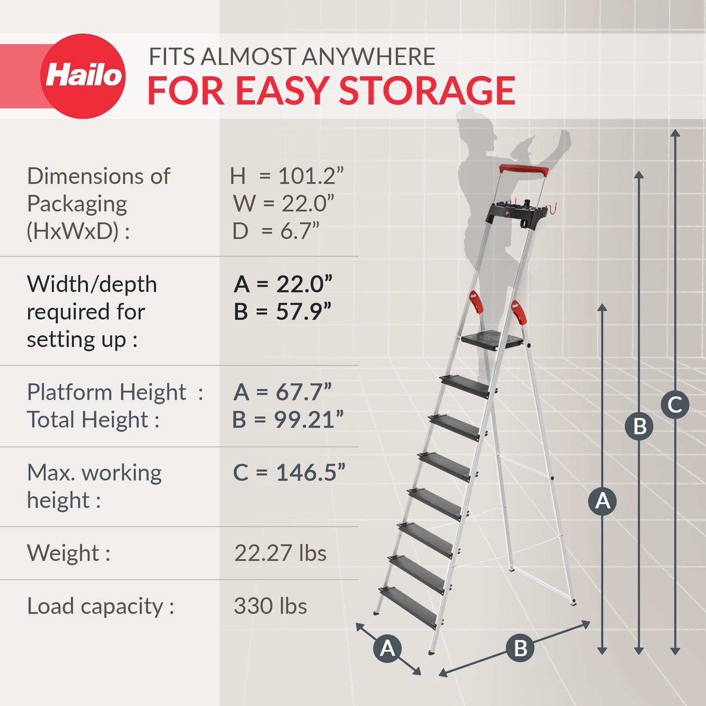 HAILO L100 Topline 8-Step Ladder – Aluminum Stepladder with Safety Bar, Tray, Locking Platform, XXL Non-Slip Steps, Hook, Strap, 330 lb Capacity, Max Working Height 146.5", EasyClix Compatible
