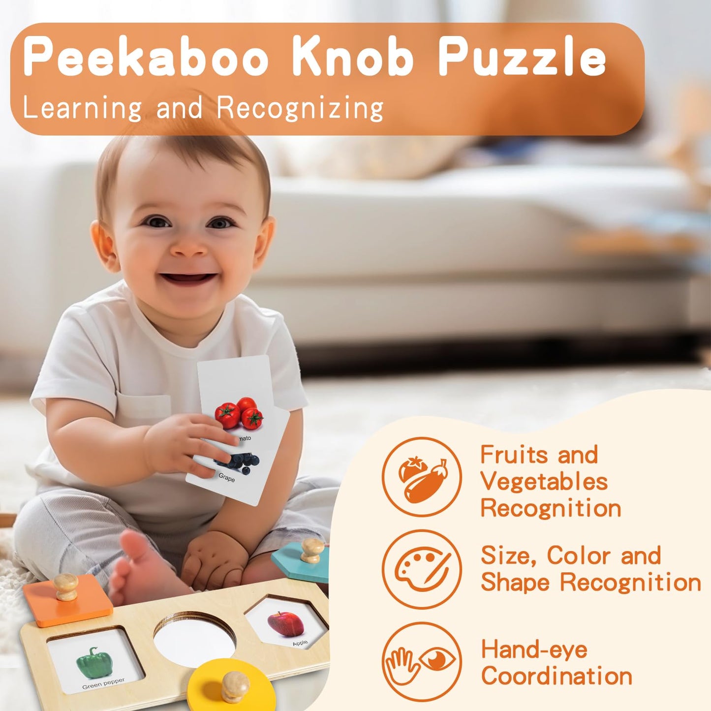 Twefex Montessori Toys for Babies 6-12 Months - 3 in 1 Baby Toys Play Kit - Medium Spinning Drum - Baby Tissue Box Toy - Peekaboo Knob Puzzle with Cards - Learning Educational Toy for Boys and Girls
