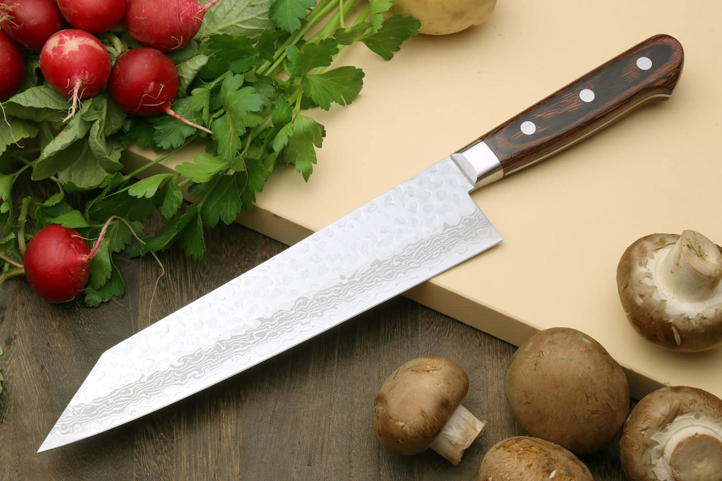 Yoshihiro VG10 Hammered Damascus Kiritsuke Sword Tip Multipurpose Japanese Chef Knife 8.25 inch - Western Style Mahogany Handle (with Magnolia Saya Cover)